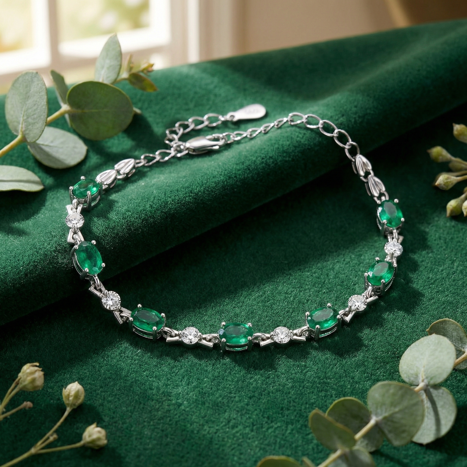 Sterling silver tennis bracelet with oval-cut simulated emeralds on green velvet with eucalyptus leaves.