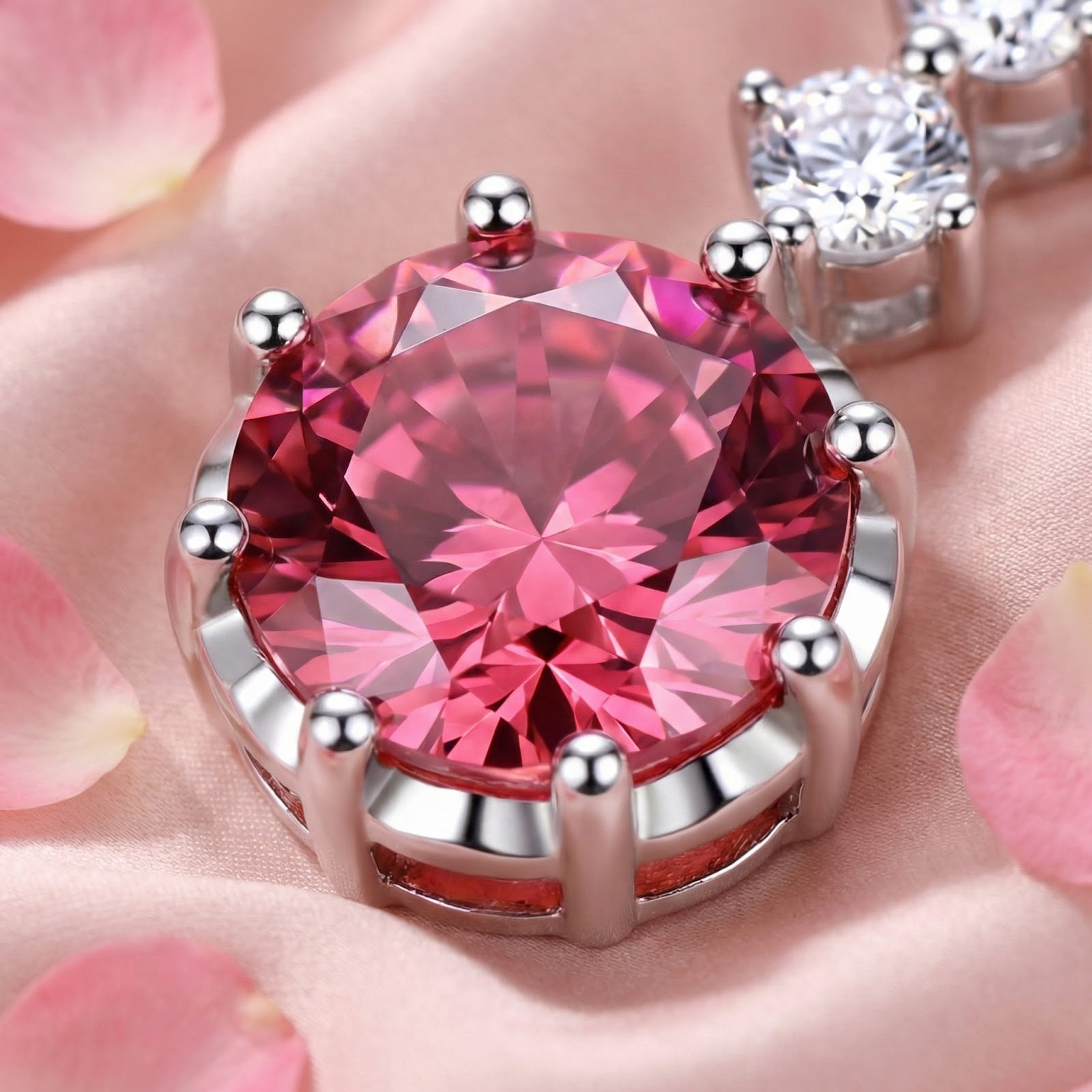 Macro view of a round-cut raspberry pink tourmaline in a multi-prong sterling silver setting.