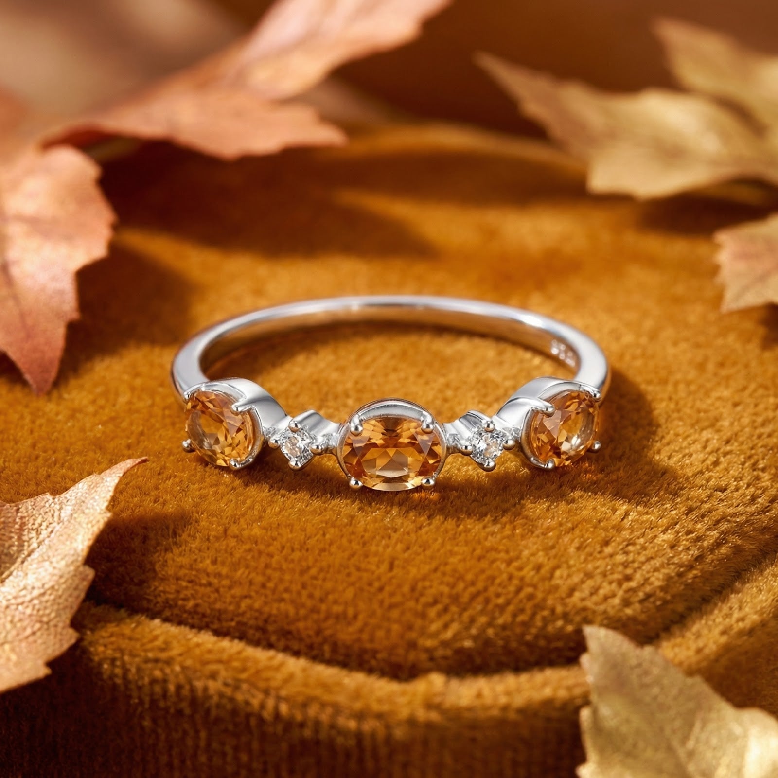 Evalise bypass ring in S925 sterling silver with oval-cut simulated topaz stones on an autumn leaf background.