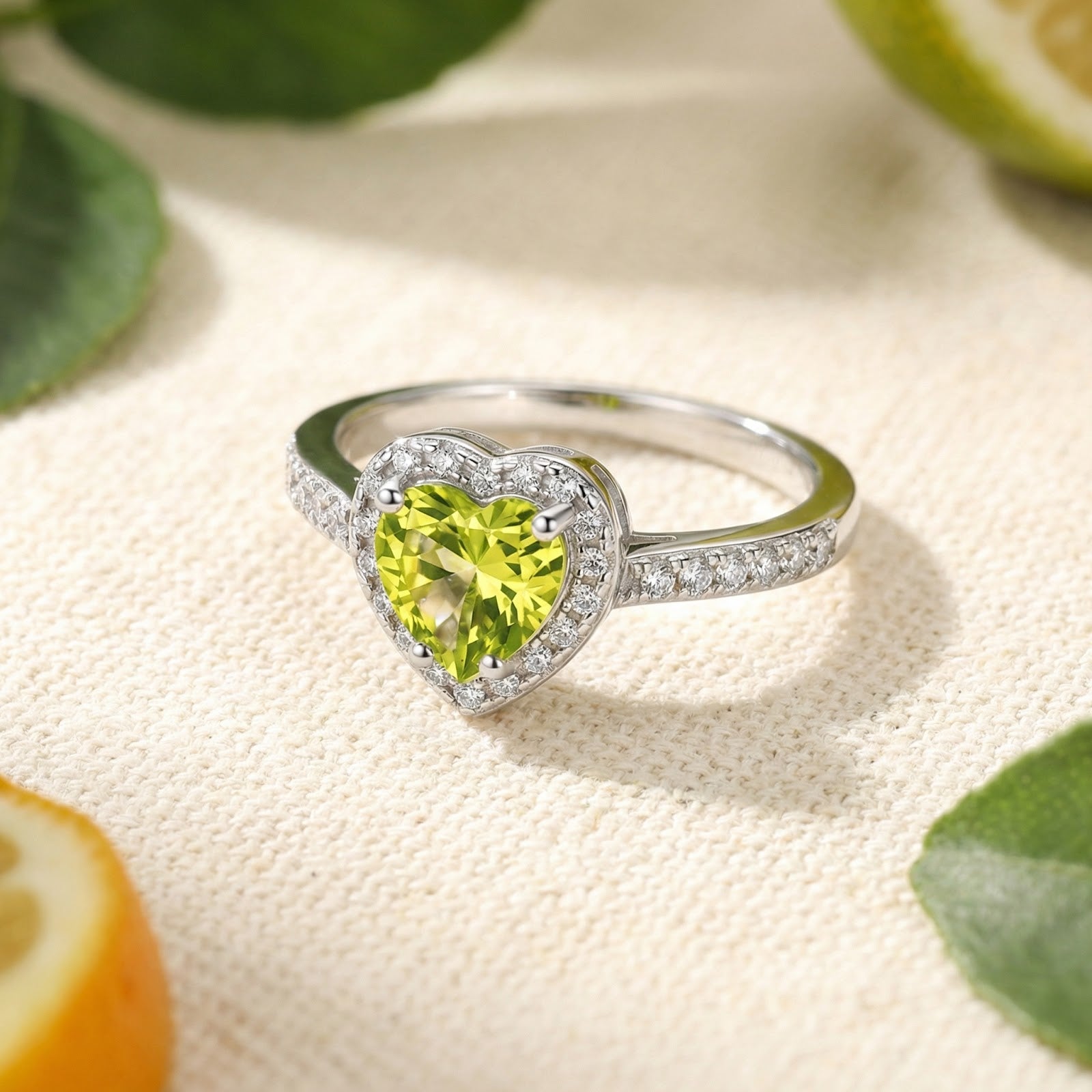 Angled view of the Elianelle heart-cut simulated peridot ring in S925 sterling silver on a textured fabric surface.