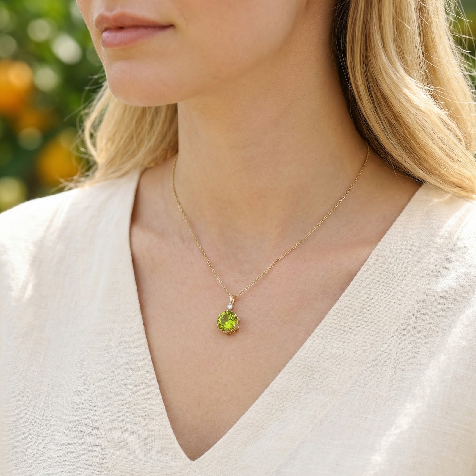 A woman wearing the 18K gold vermeil Belenis Hex necklace featuring a brilliant green hexagonal peridot stone.