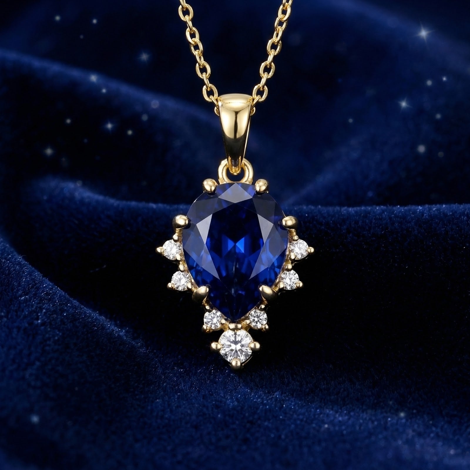Pear-cut simulated sapphire necklace in 18K gold vermeil, close-up view on a dark blue velvet background.