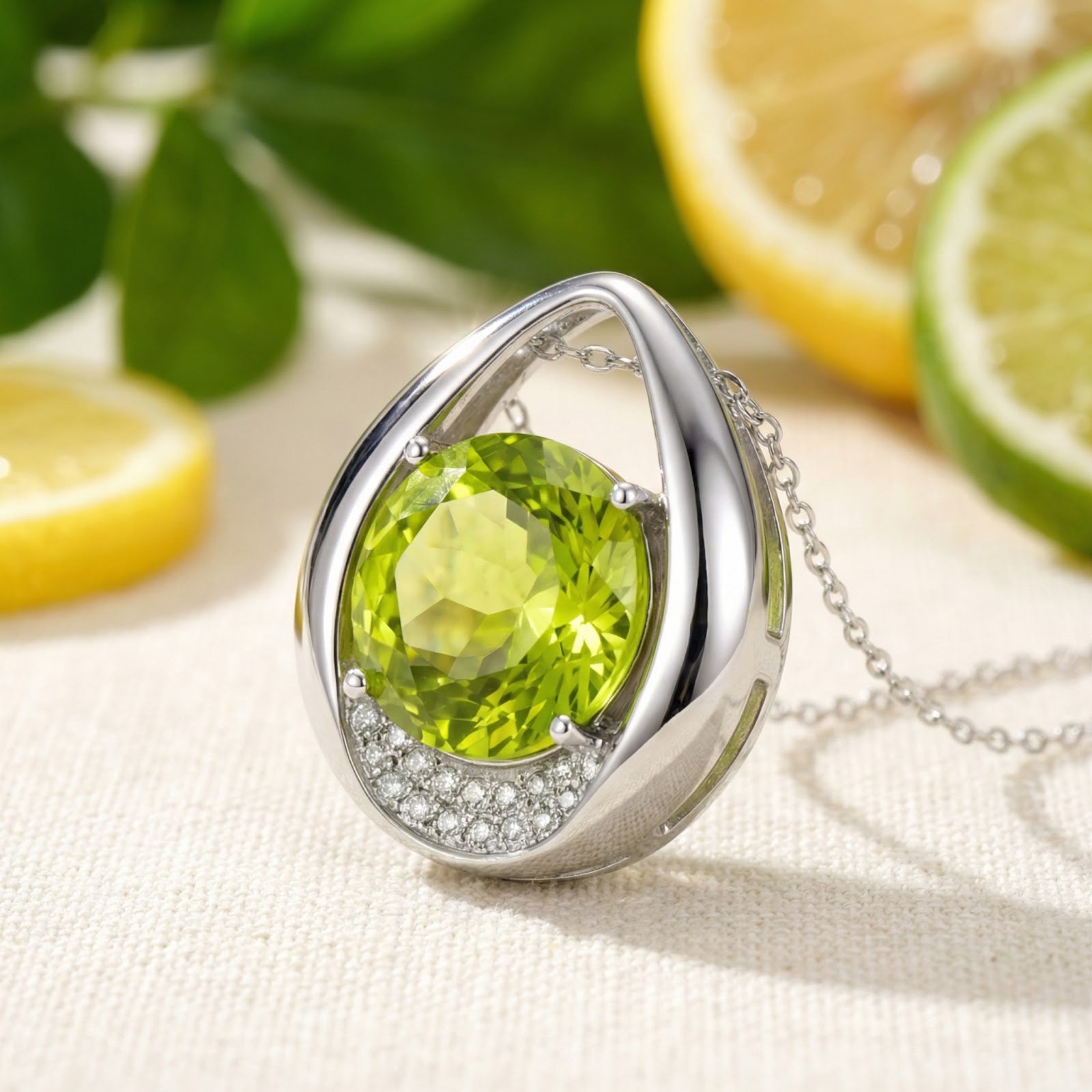 Angled view of the sterling silver teardrop necklace with a round simulated peridot, styled with citrus fruit.
