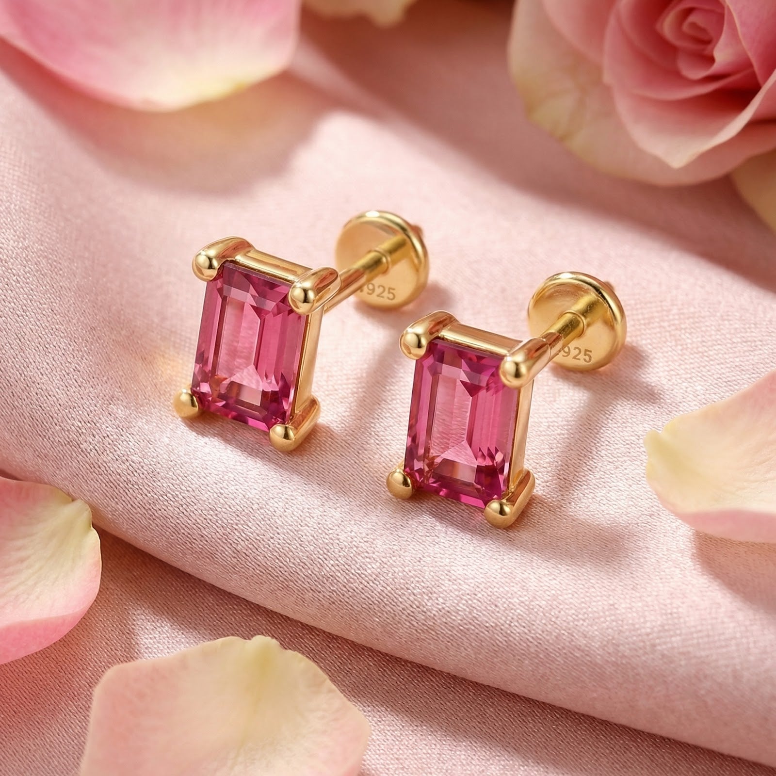 Close-up of baguette-cut pink tourmaline earrings in 18K gold vermeil showing the flat back and S925 hallmark.