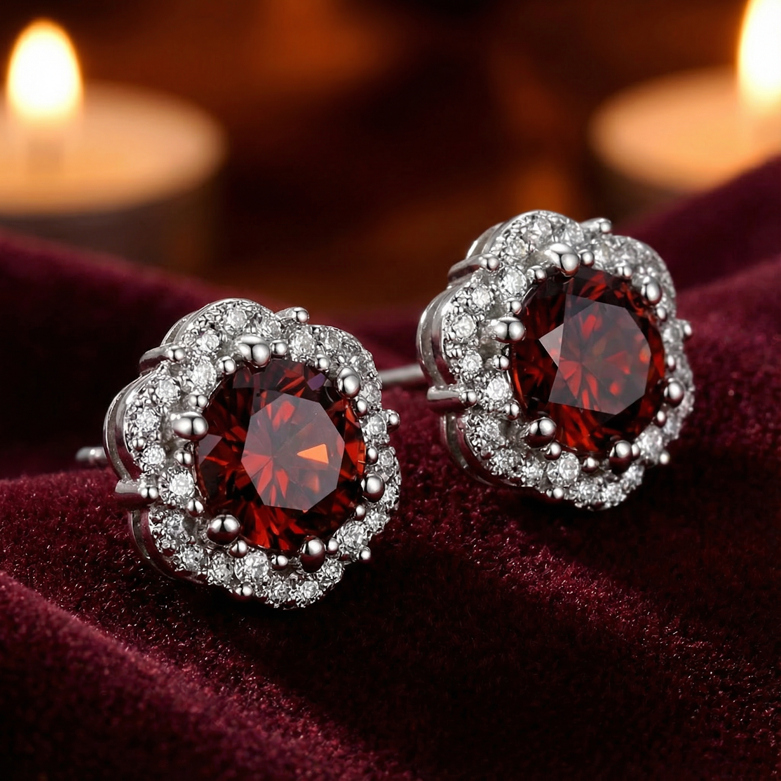 Sterling silver halo stud earrings with round red simulated garnets on red velvet with candle background.