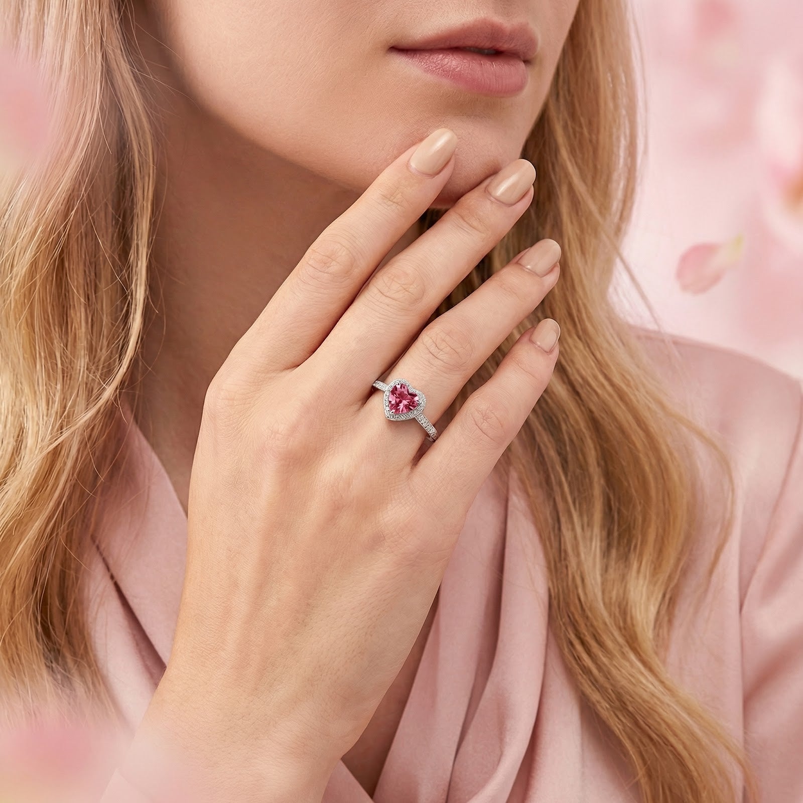 Heart-cut simulated pink tourmaline sterling silver ring worn on a model's hand near her face.