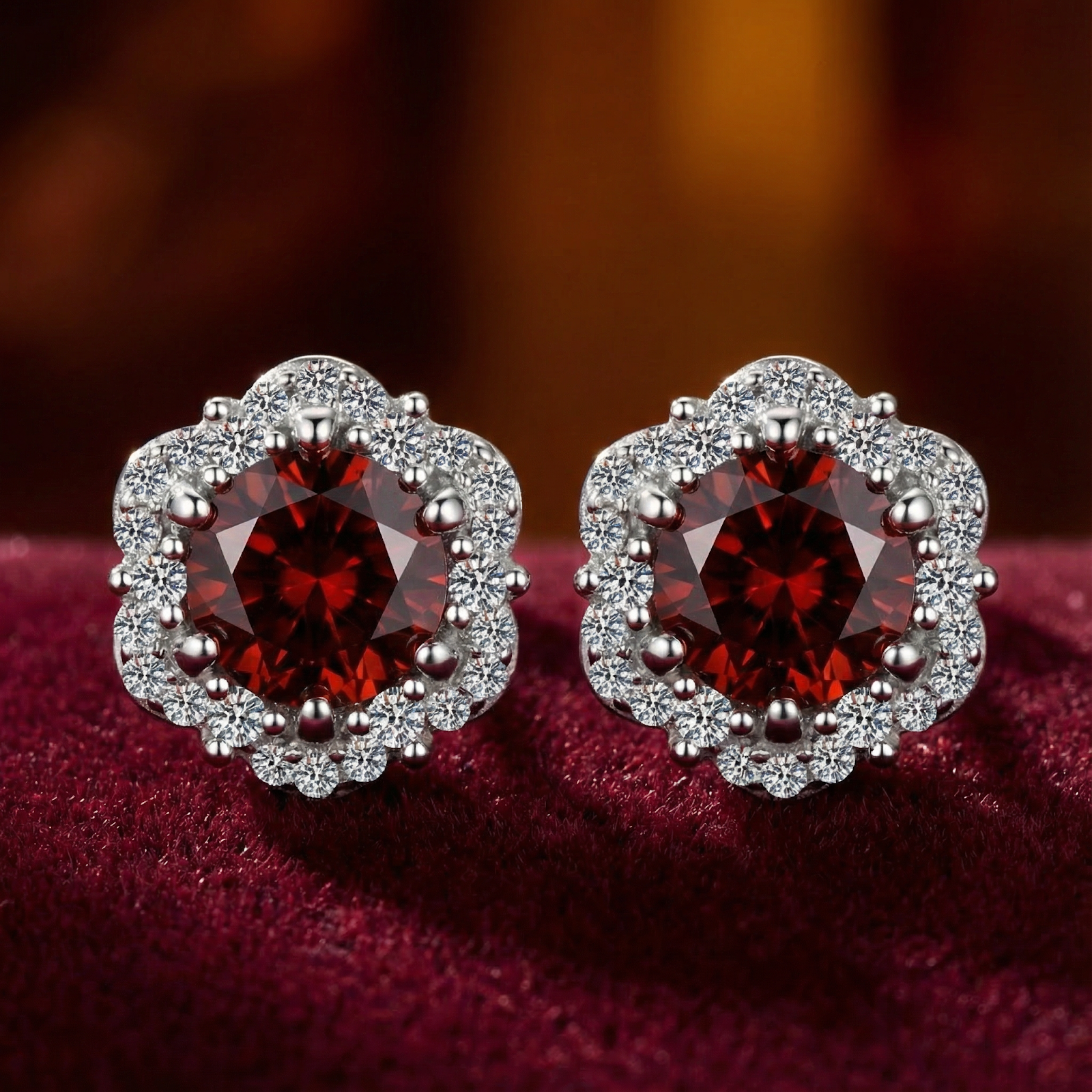 Front view of round cut simulated garnet halo stud earrings in sterling silver on red velvet.