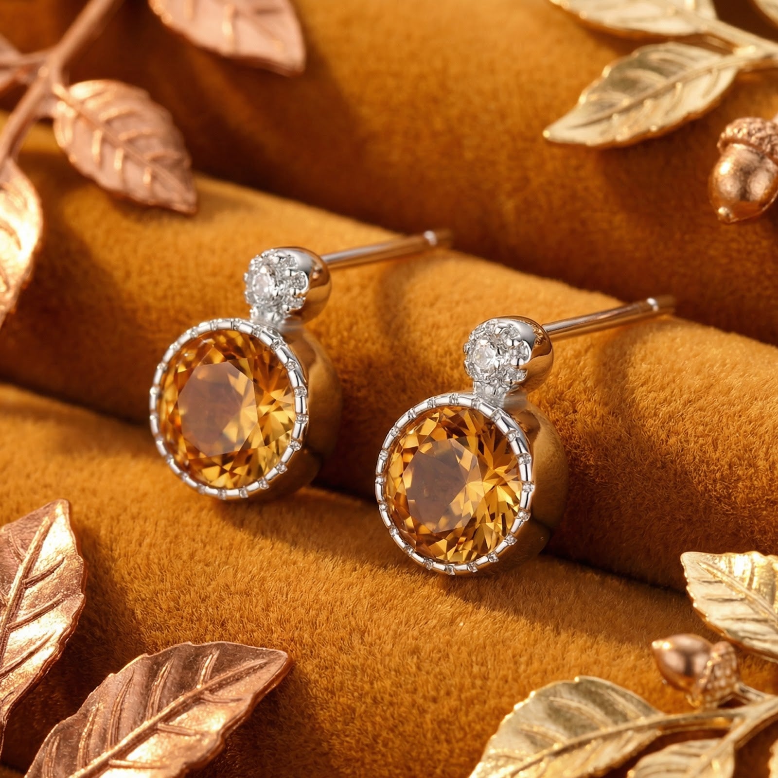 Round-cut simulated topaz drop earrings in S925 sterling silver on a warm velvet background with autumn leaves.