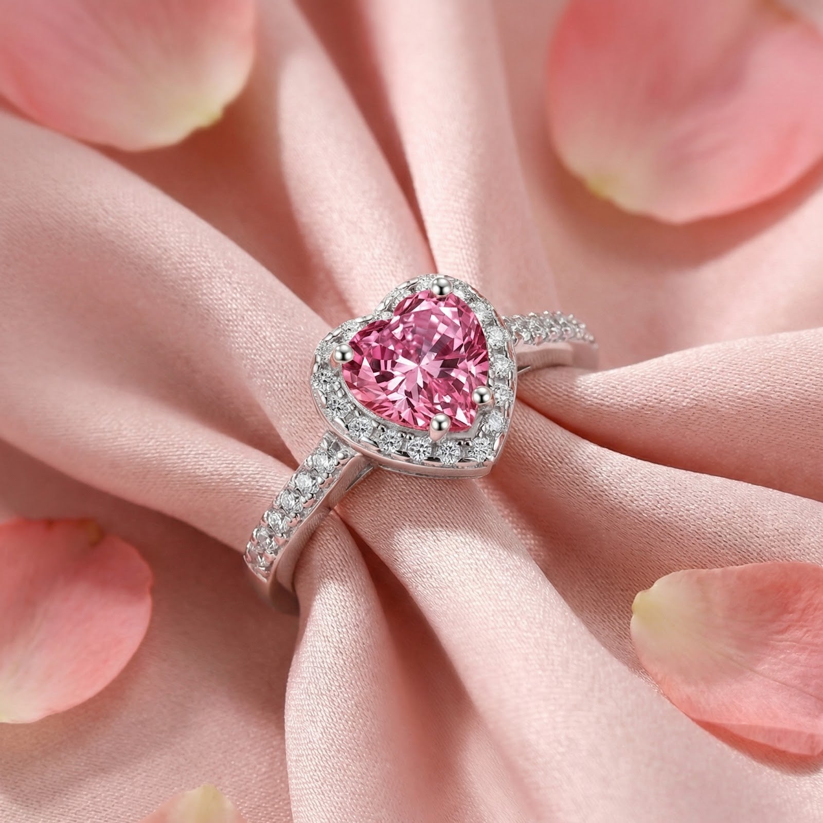 Heart-cut simulated pink tourmaline sterling silver ring resting on draped pink fabric with rose petals.