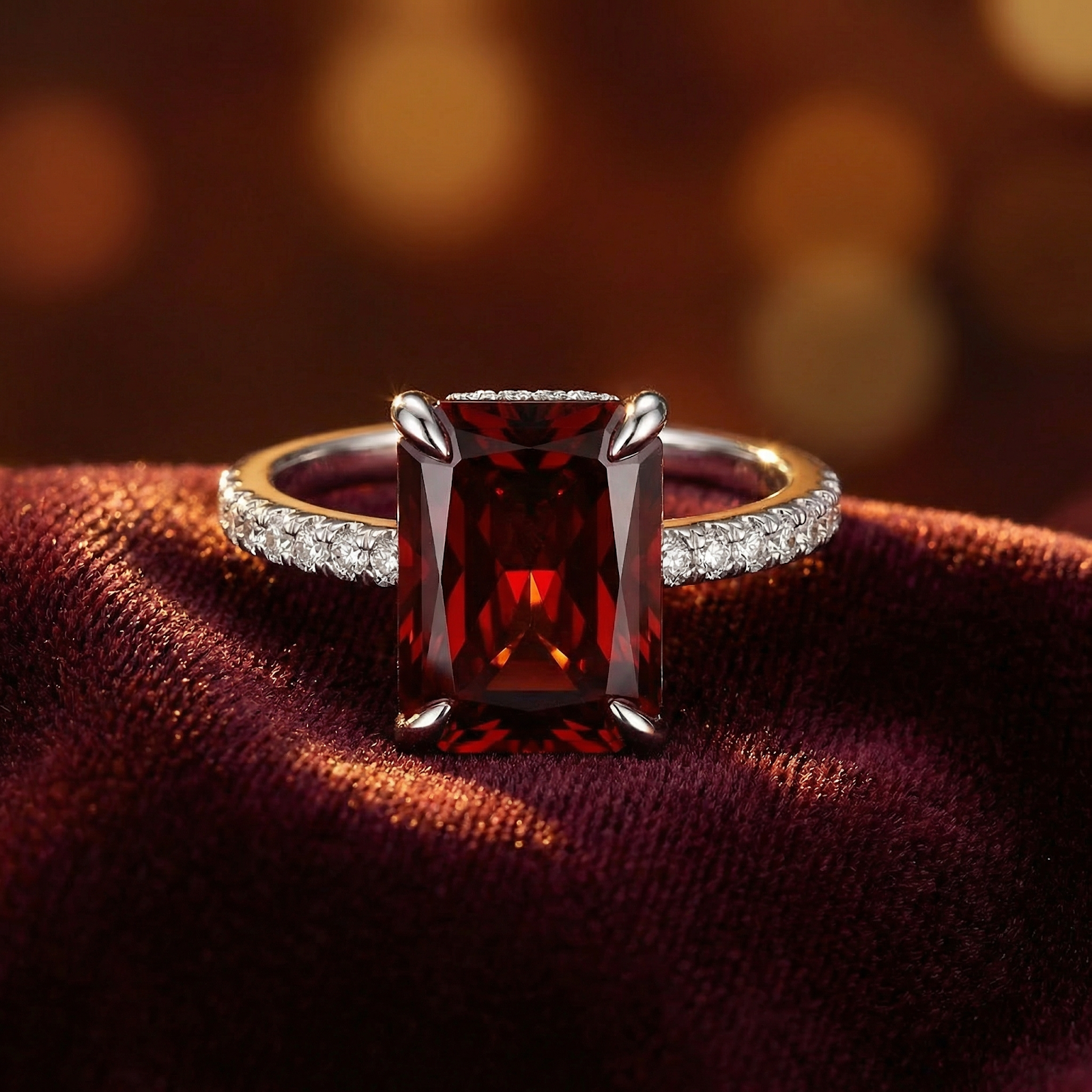 Radiant cut red garnet ring in S925 sterling silver on red velvet with a warm bokeh background.