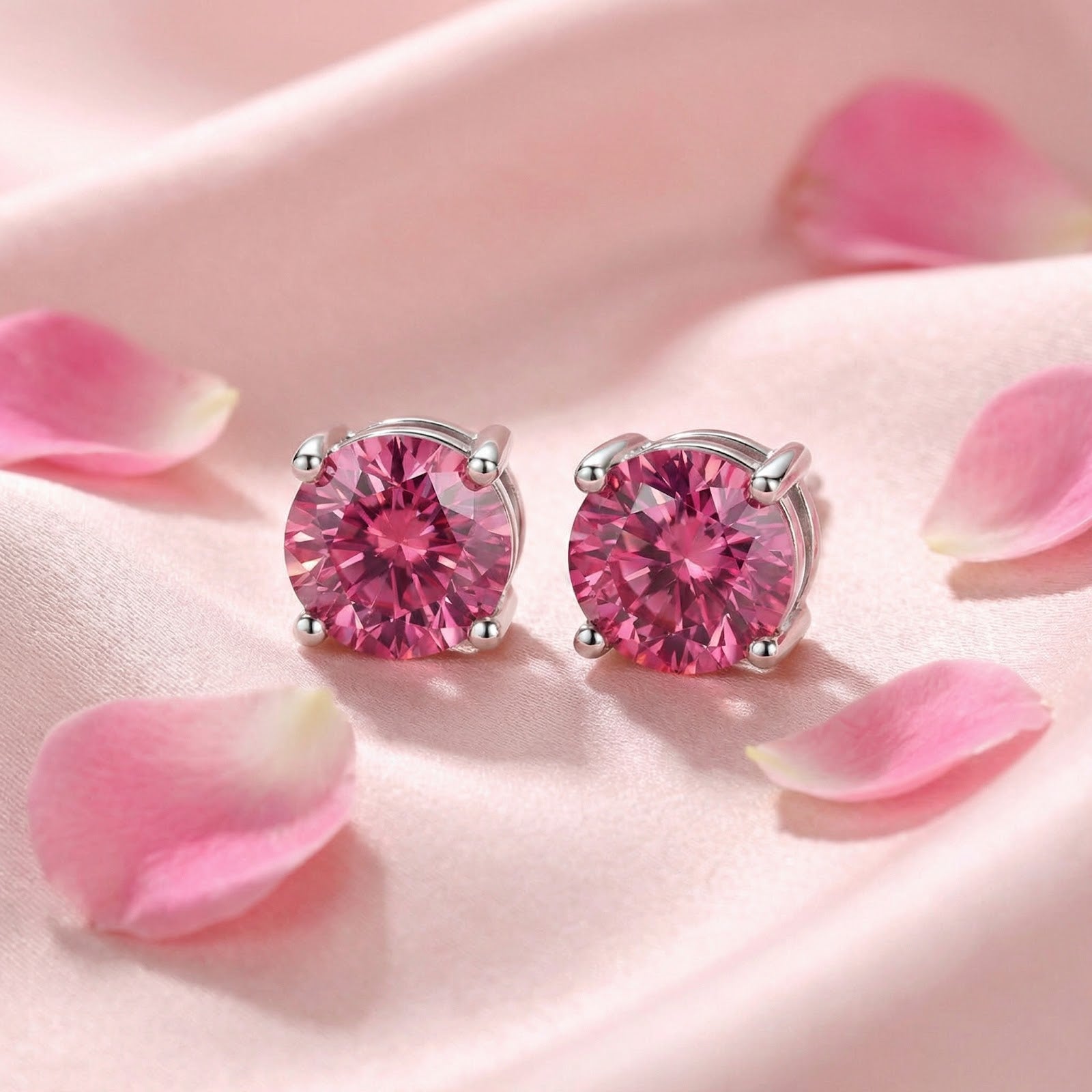 Round cut simulated pink tourmaline stud earrings in sterling silver on pink silk with rose petals.