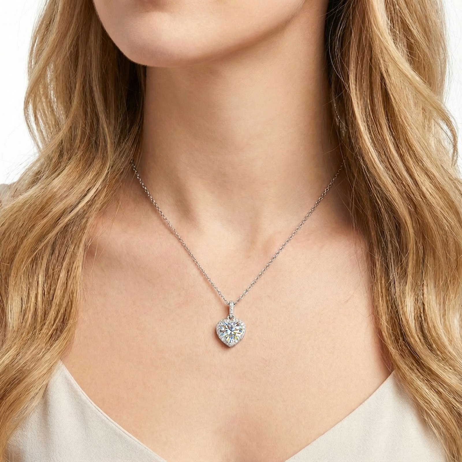 Woman wearing the Aerith Heart simulated diamond necklace in sterling silver on a delicate chain.
