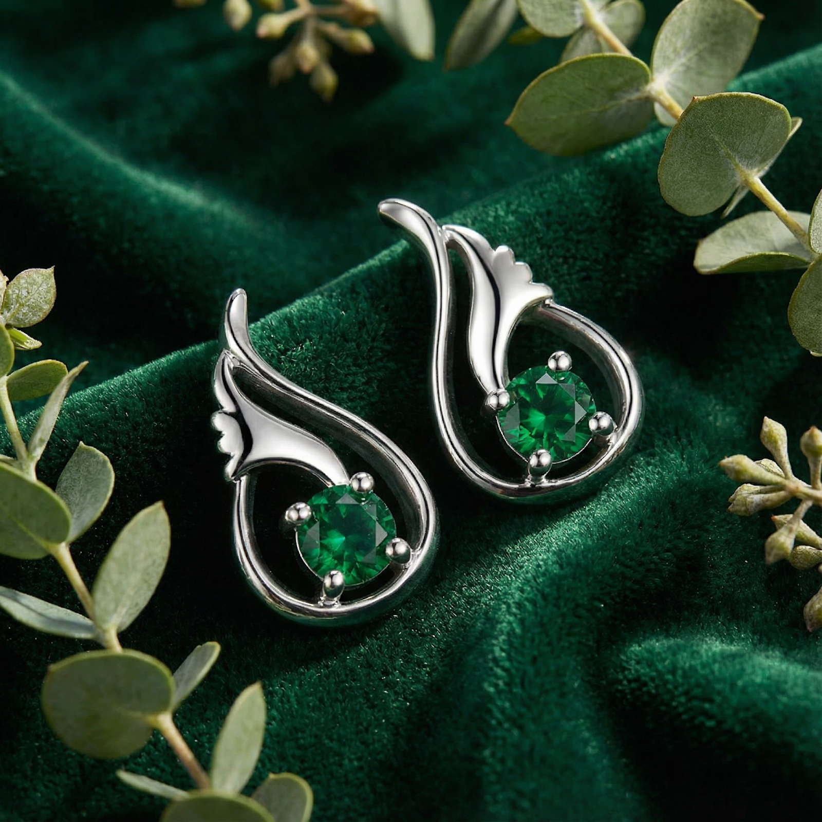 Close-up of S925 sterling silver bud earrings with round-cut simulated emeralds on a green velvet background.