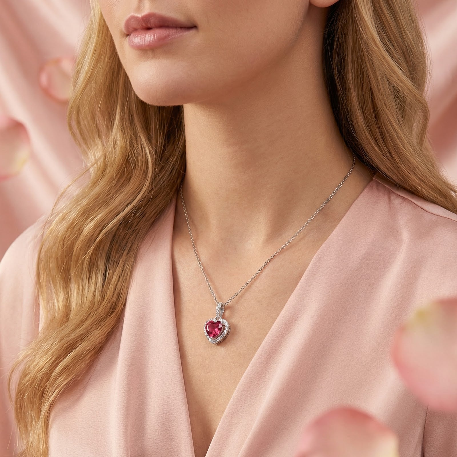 Close-up of a model wearing the sterling silver Valentis Heart necklace with a vivid raspberry pink tourmaline stone.