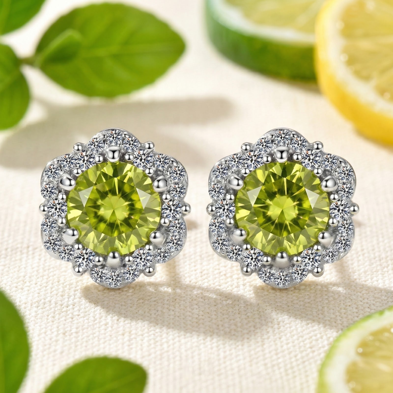 Front view of S925 sterling silver flower stud earrings with round-cut simulated peridot and clear halo.