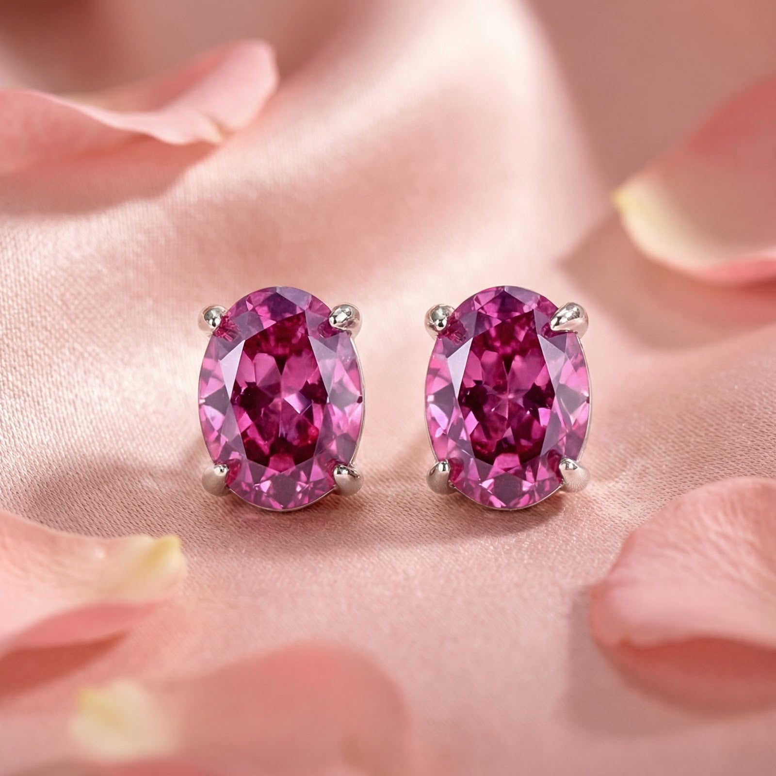 Close-up of oval cut simulated pink tourmaline studs in sterling silver settings on pink fabric.