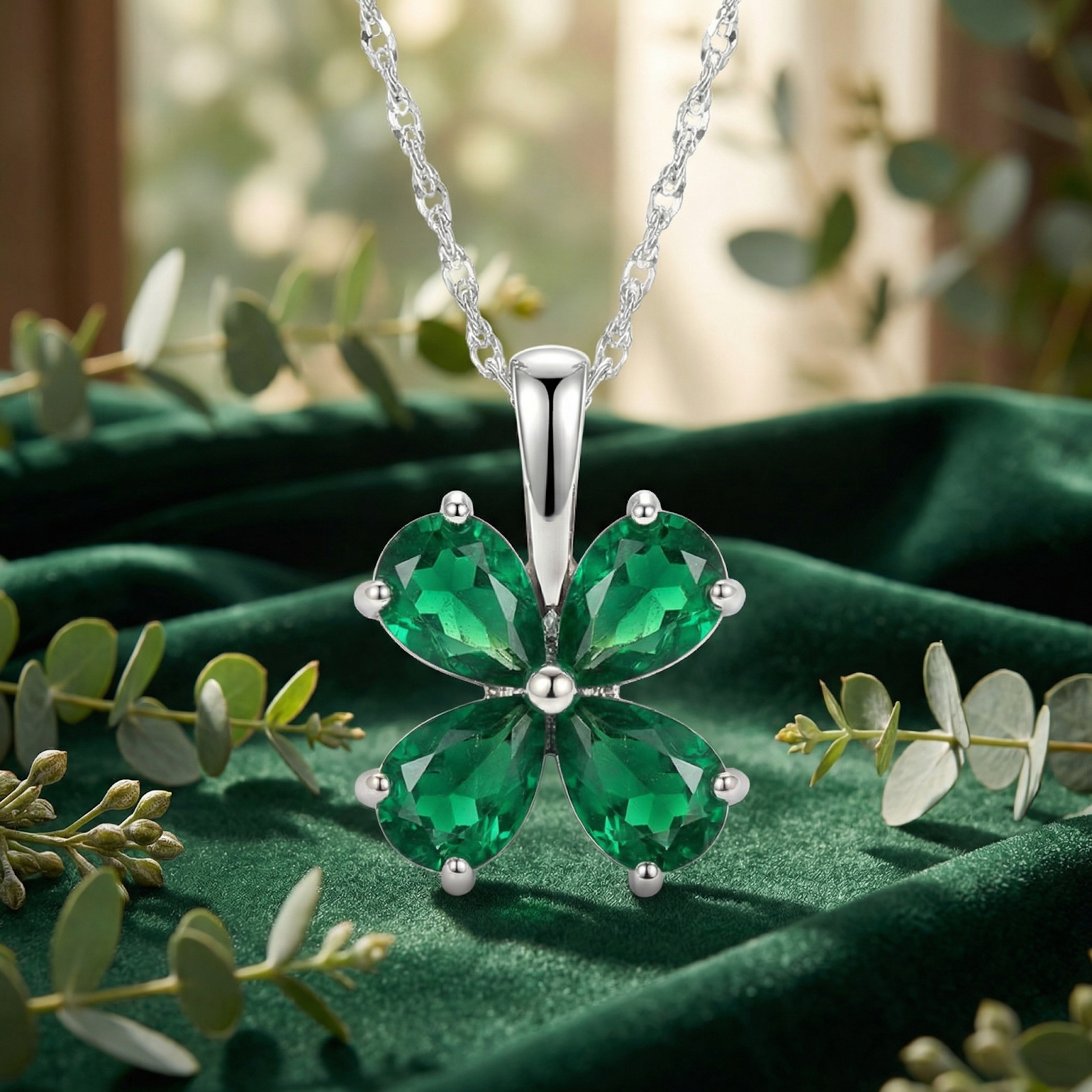 Sterling silver clover necklace with four pear-cut simulated emeralds on green velvet with eucalyptus leaves.