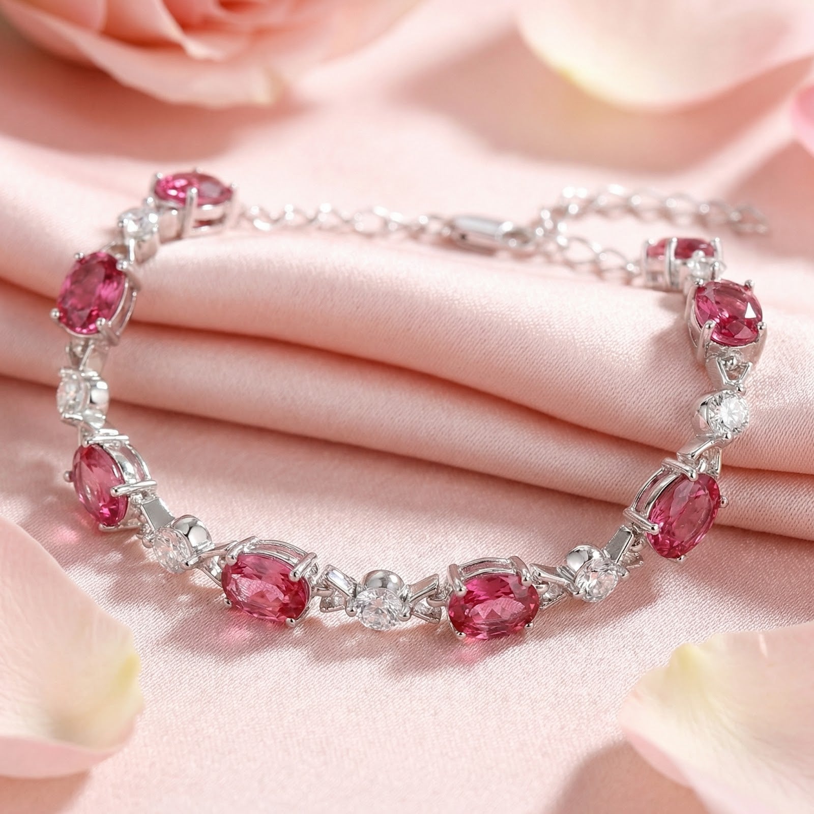 Macro shot of oval-cut simulated pink tourmaline stones in a sterling silver bracelet setting.