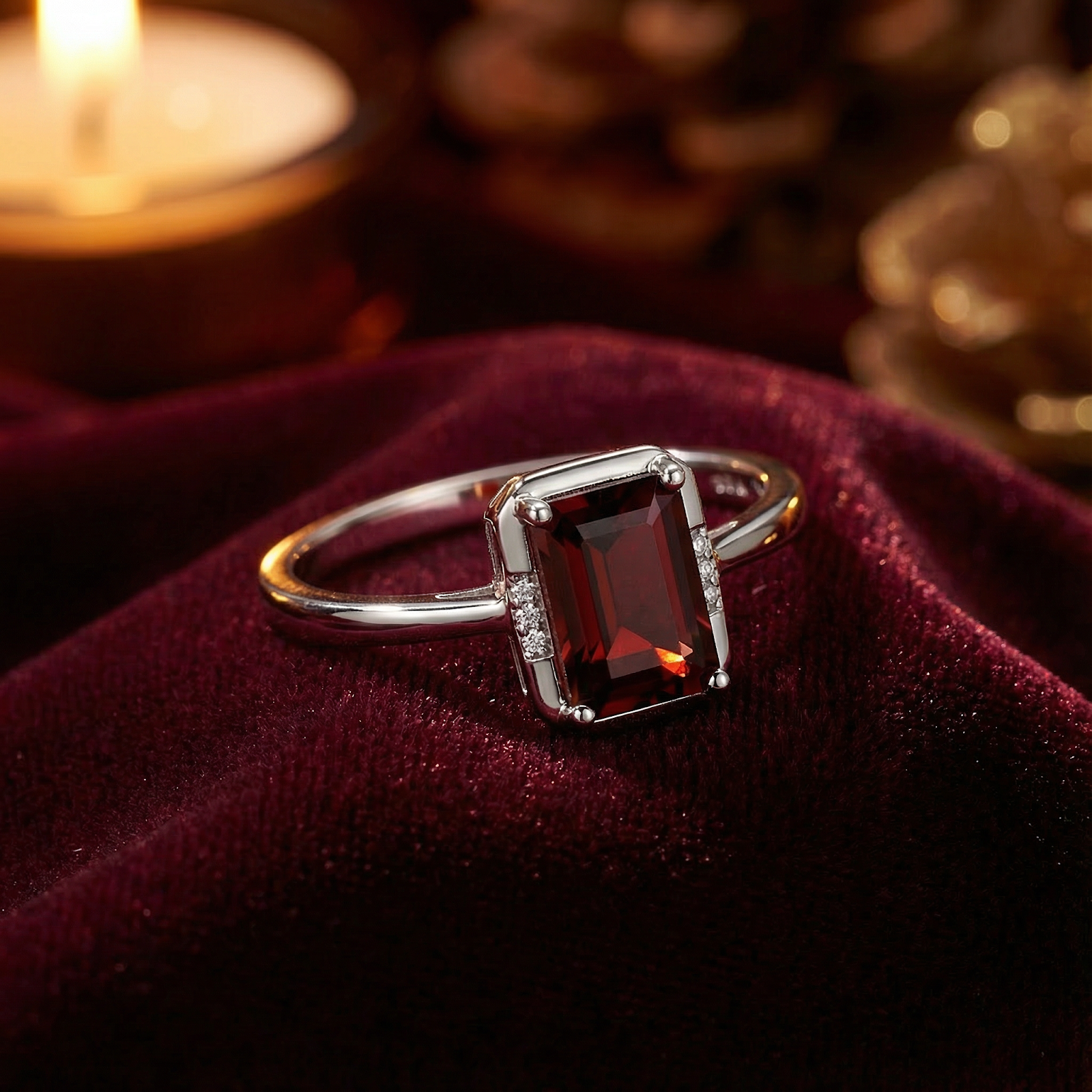 Emerald-cut simulated garnet ring in S925 sterling silver resting on red velvet with a warm candle background.