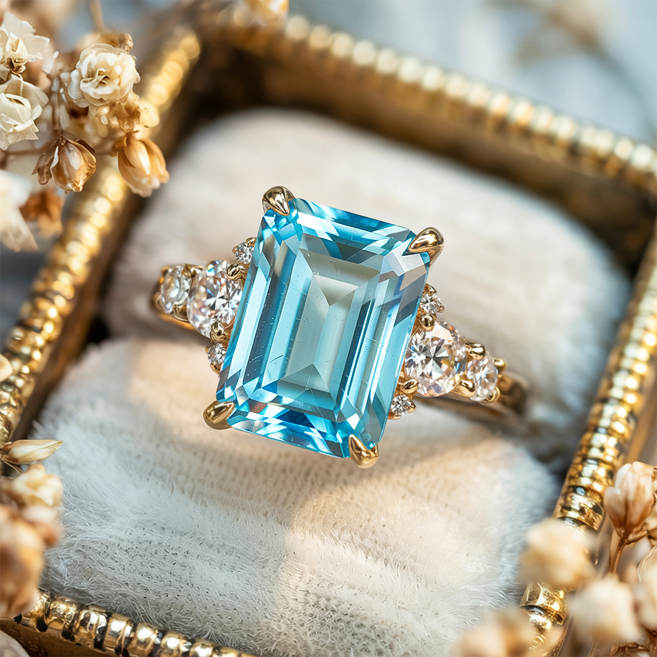 ベラ ジュエル 3CT エメラルドカット ブルー モアッサナイト リング