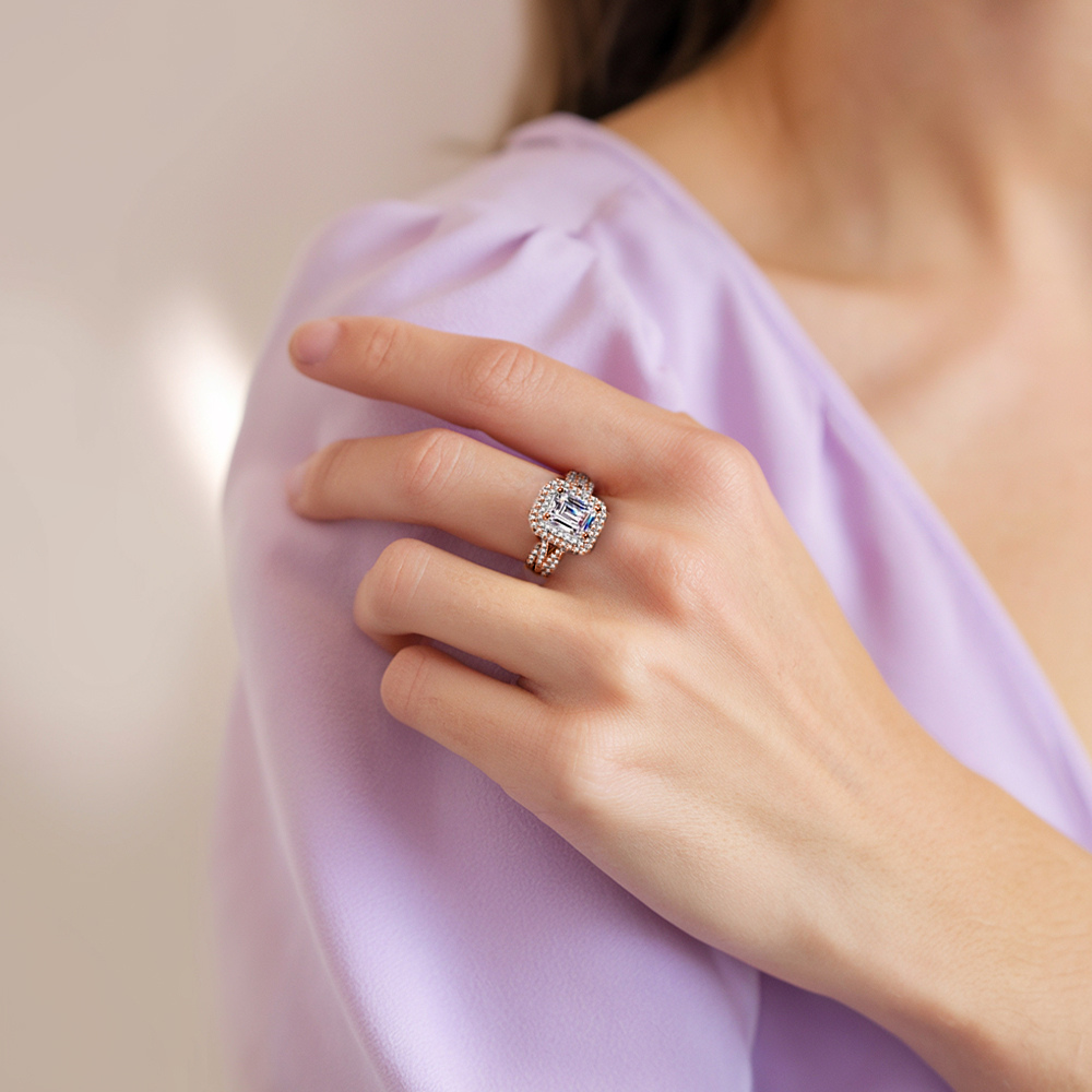 2CT エメラルドカット ダブルヘイロー モアッサナイトリング