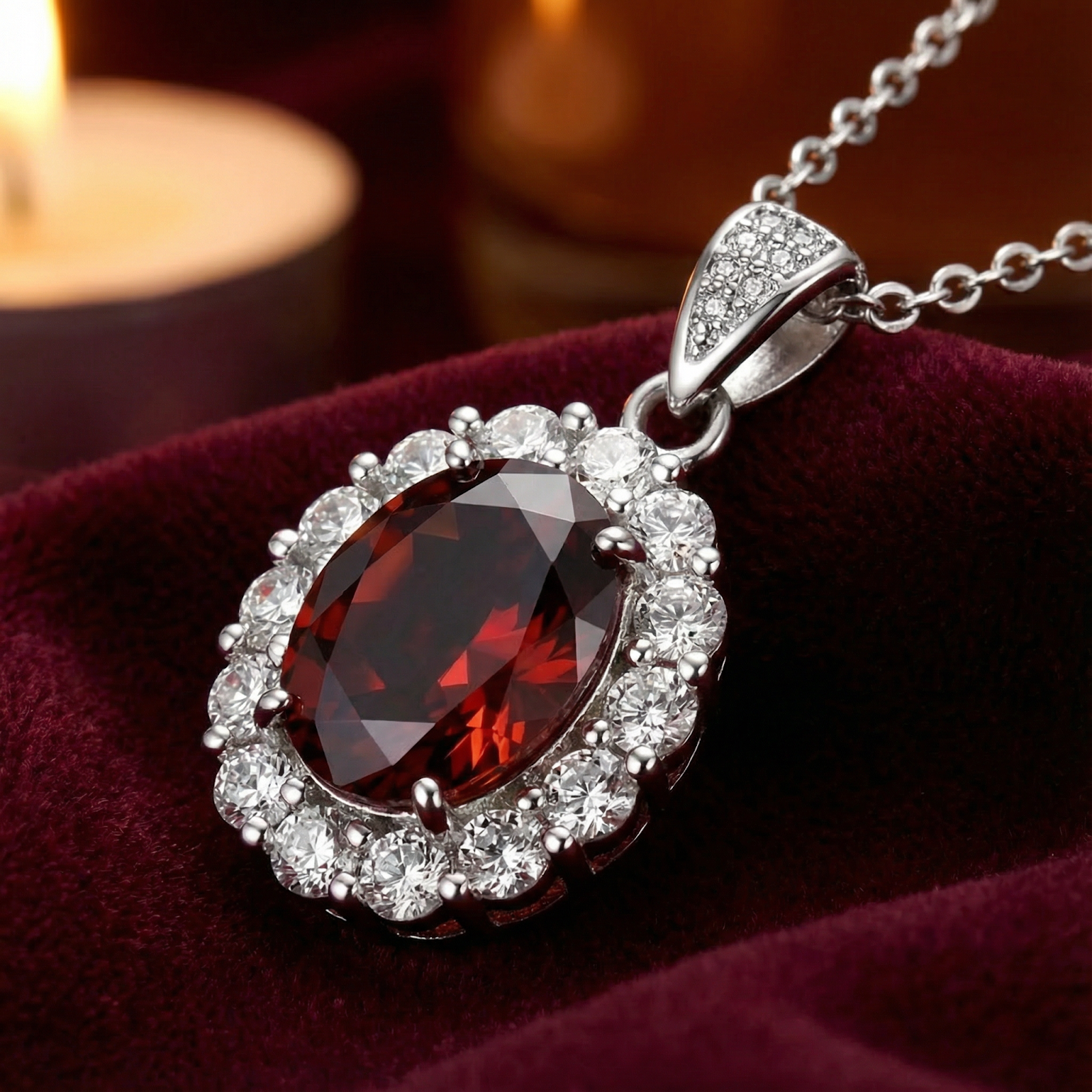 Close-up of an oval cut simulated garnet halo necklace in S925 sterling silver on red velvet.