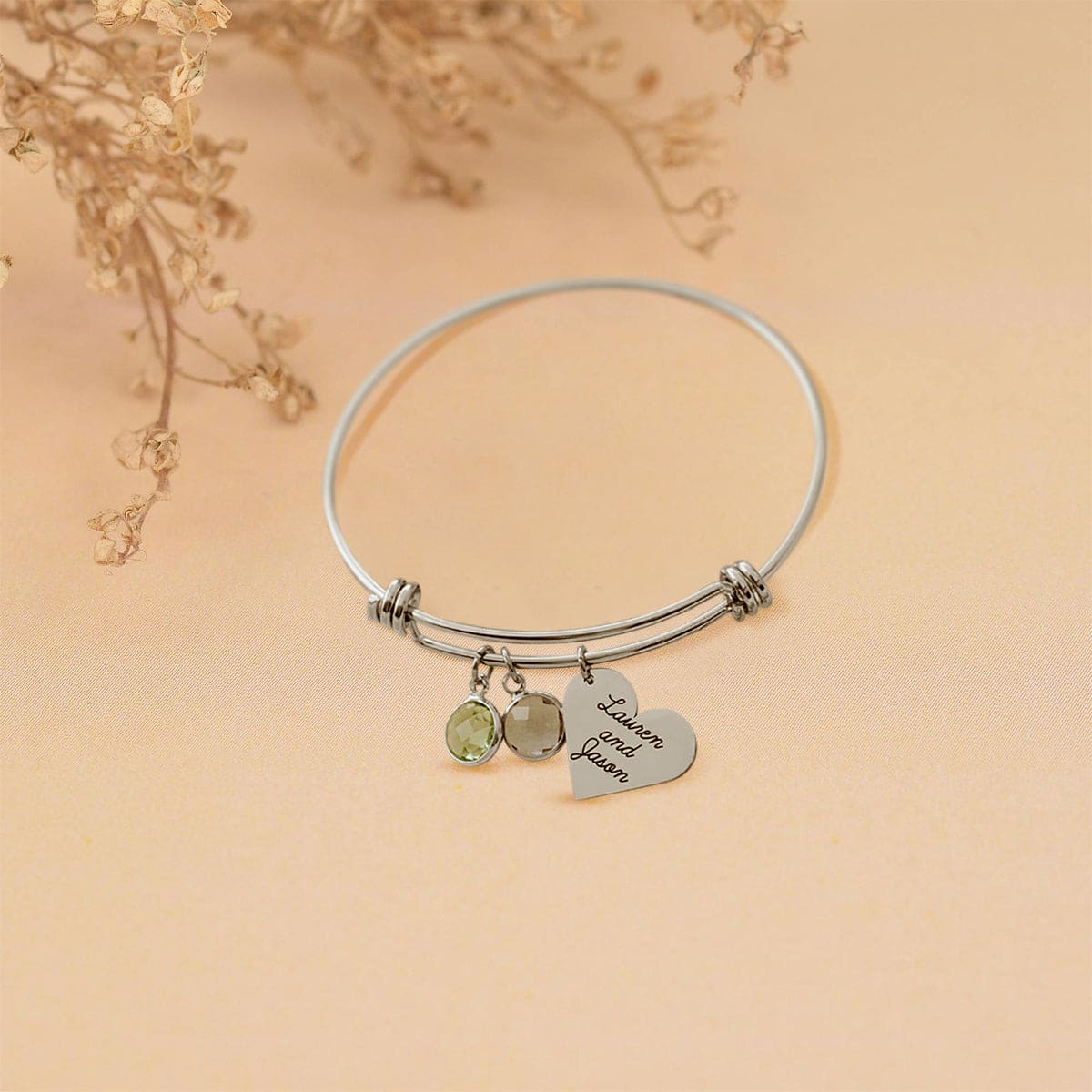 Personalized Birthstones Engraved Charm Bangle Bracelet - Stainless Steel