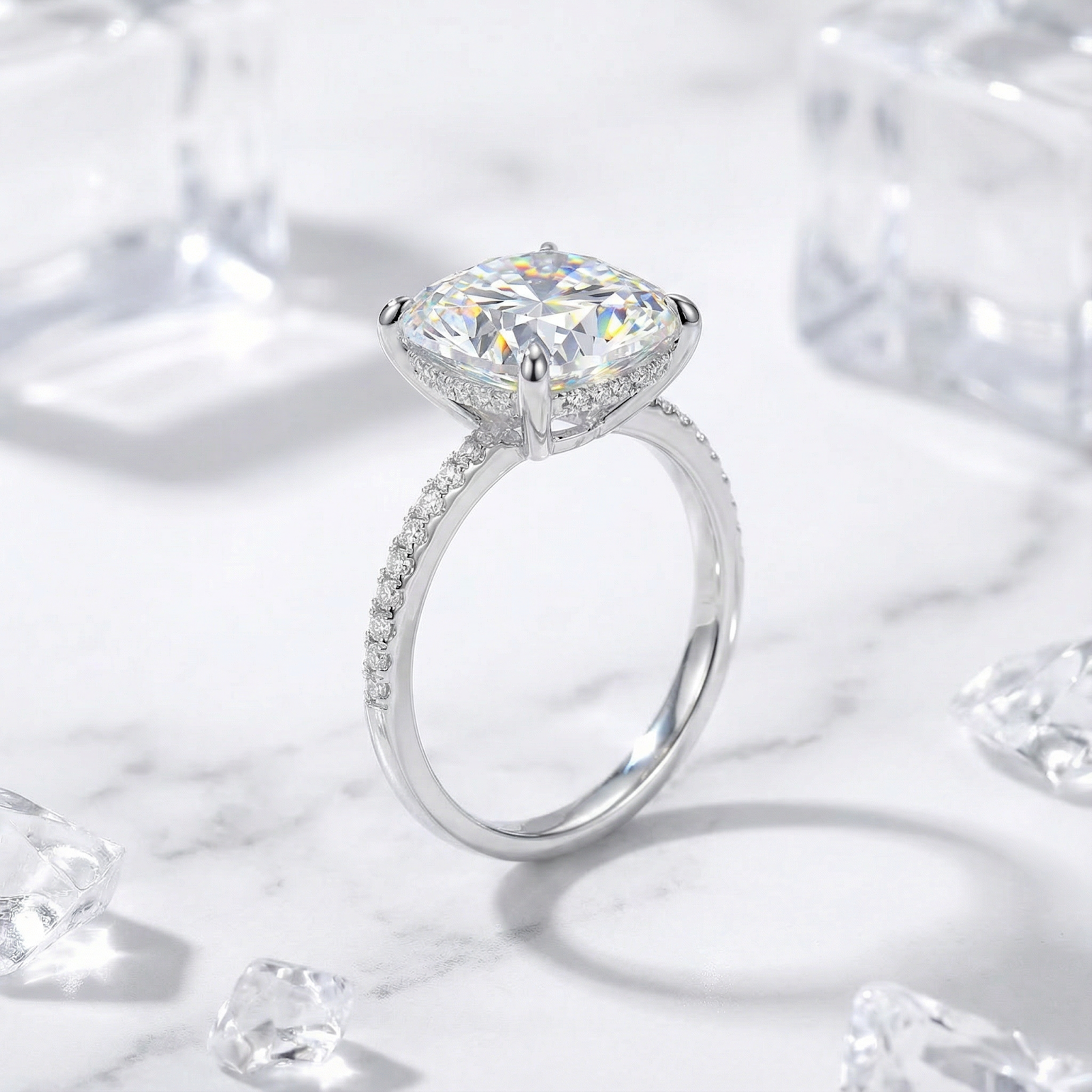Side profile of the Celestina cushion cut ring showing the hidden halo and pavé S925 sterling silver band.