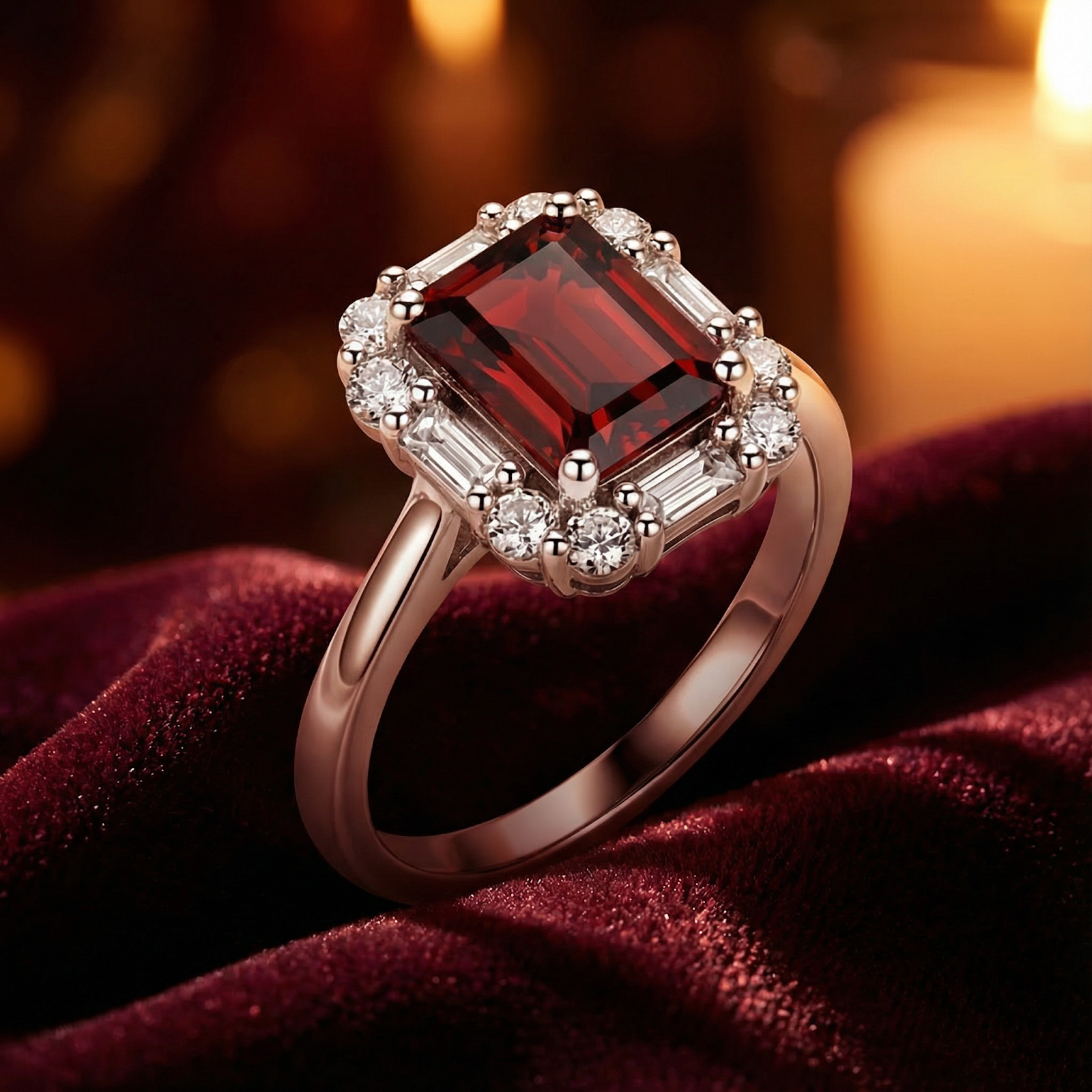 Octagon cut red garnet ring in S925 sterling silver with a diamond halo on red velvet.