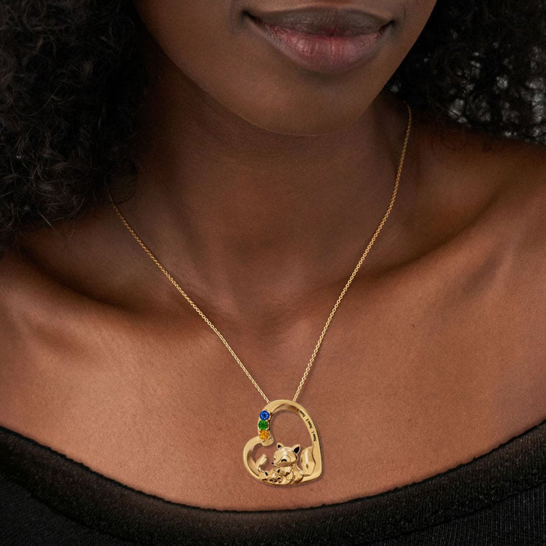 パーソナライズされた狐の家族 誕生石ネックレス - ステンレス製