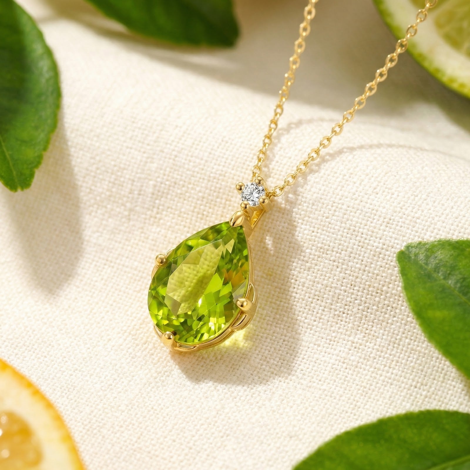 Pear-cut simulated peridot necklace in 18K gold vermeil on white fabric with citrus and green leaves.