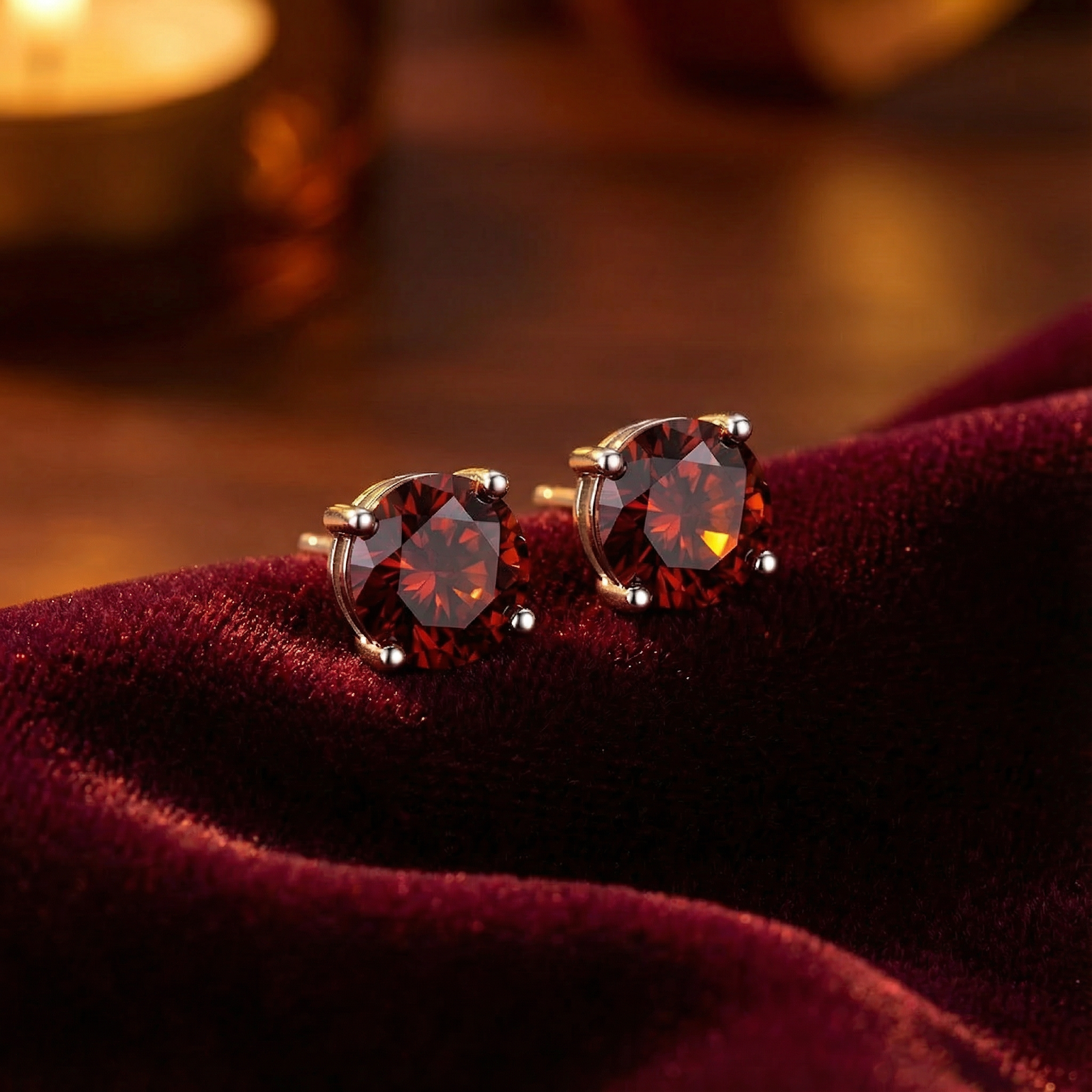 Angled view of round cut simulated garnet studs in sterling silver on a plush red velvet surface.