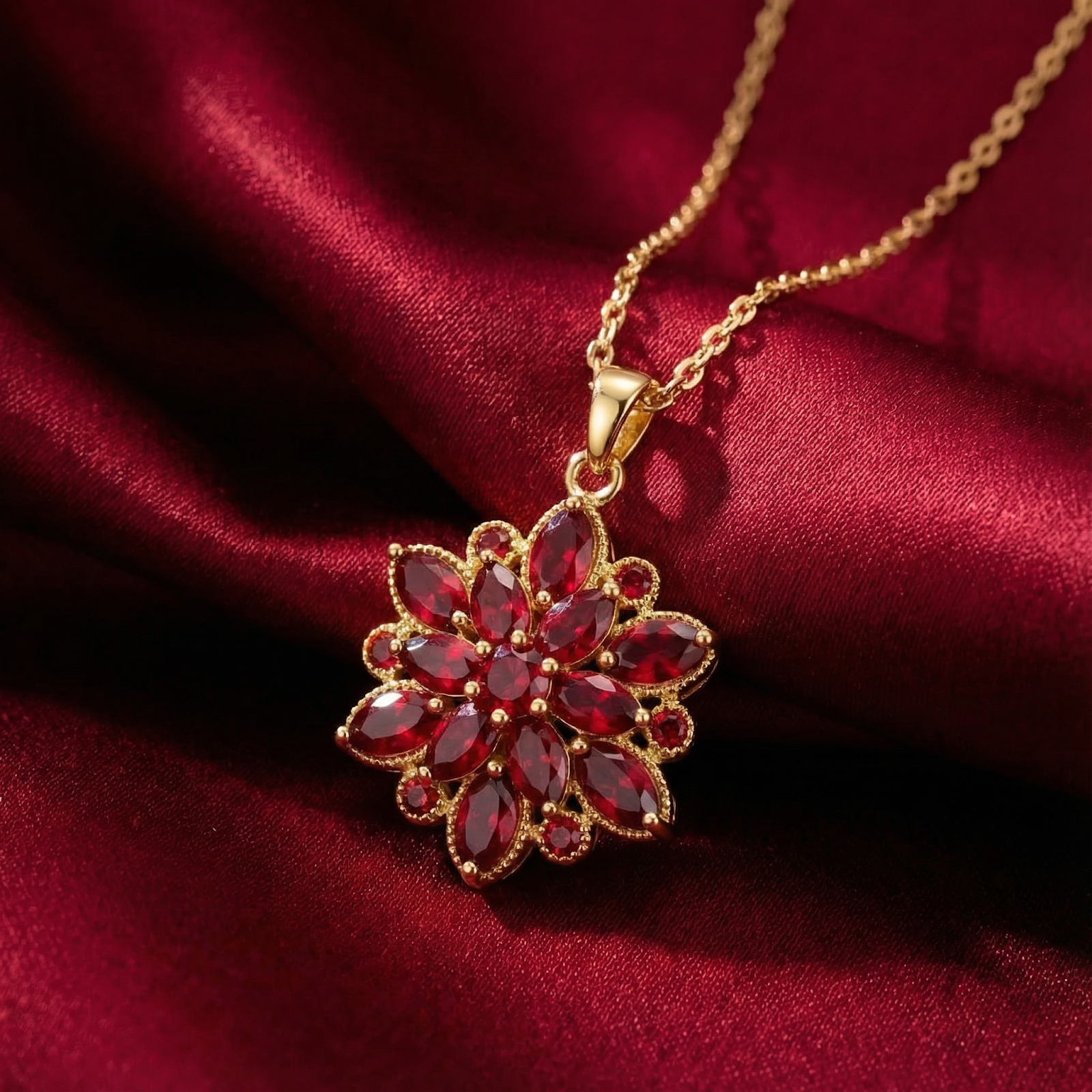 Gold stainless steel simulated ruby blossom necklace with marquise and round-cut stones on red silk.