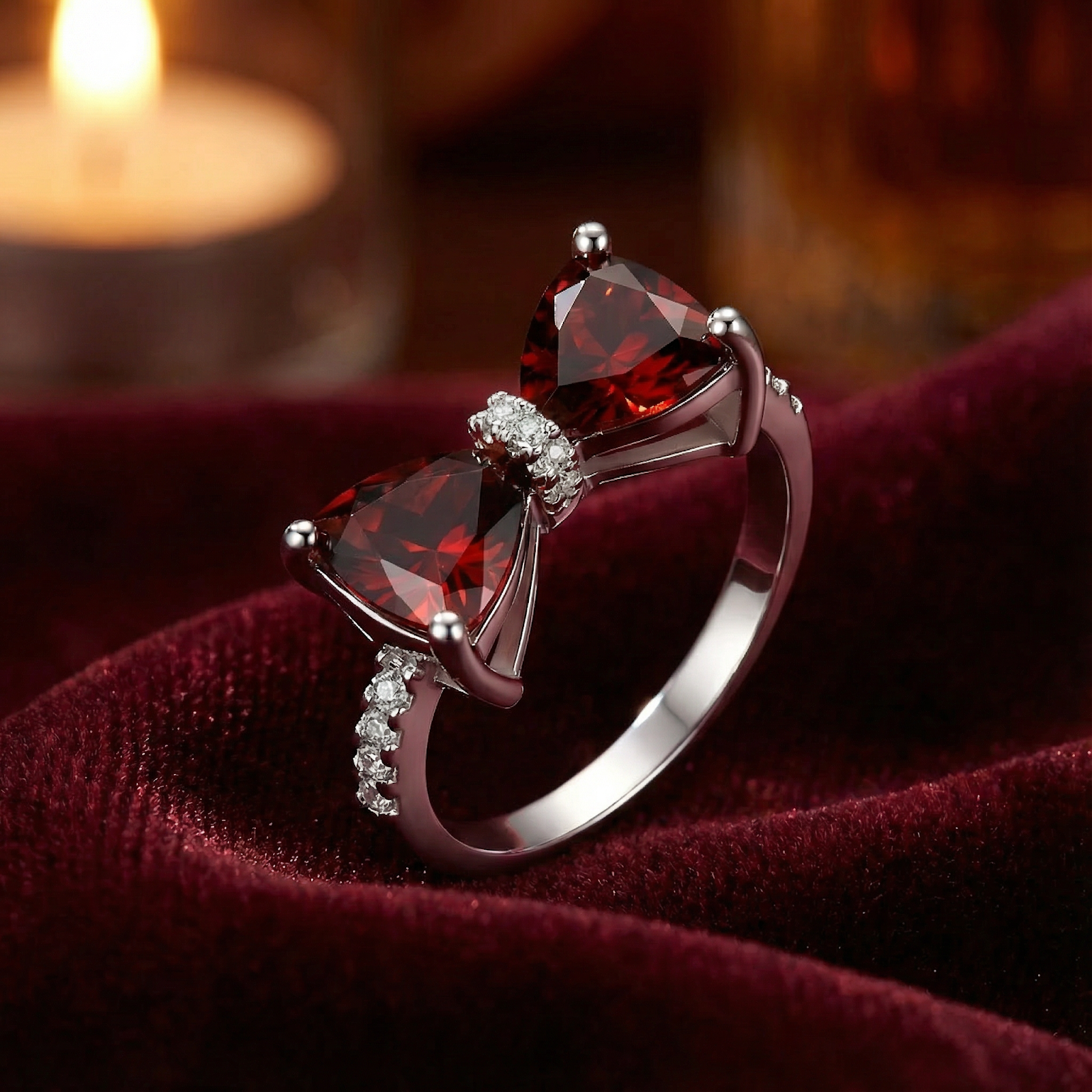 Sterling silver bow ring with trillion cut red simulated garnets on red velvet with a blurred candle background.