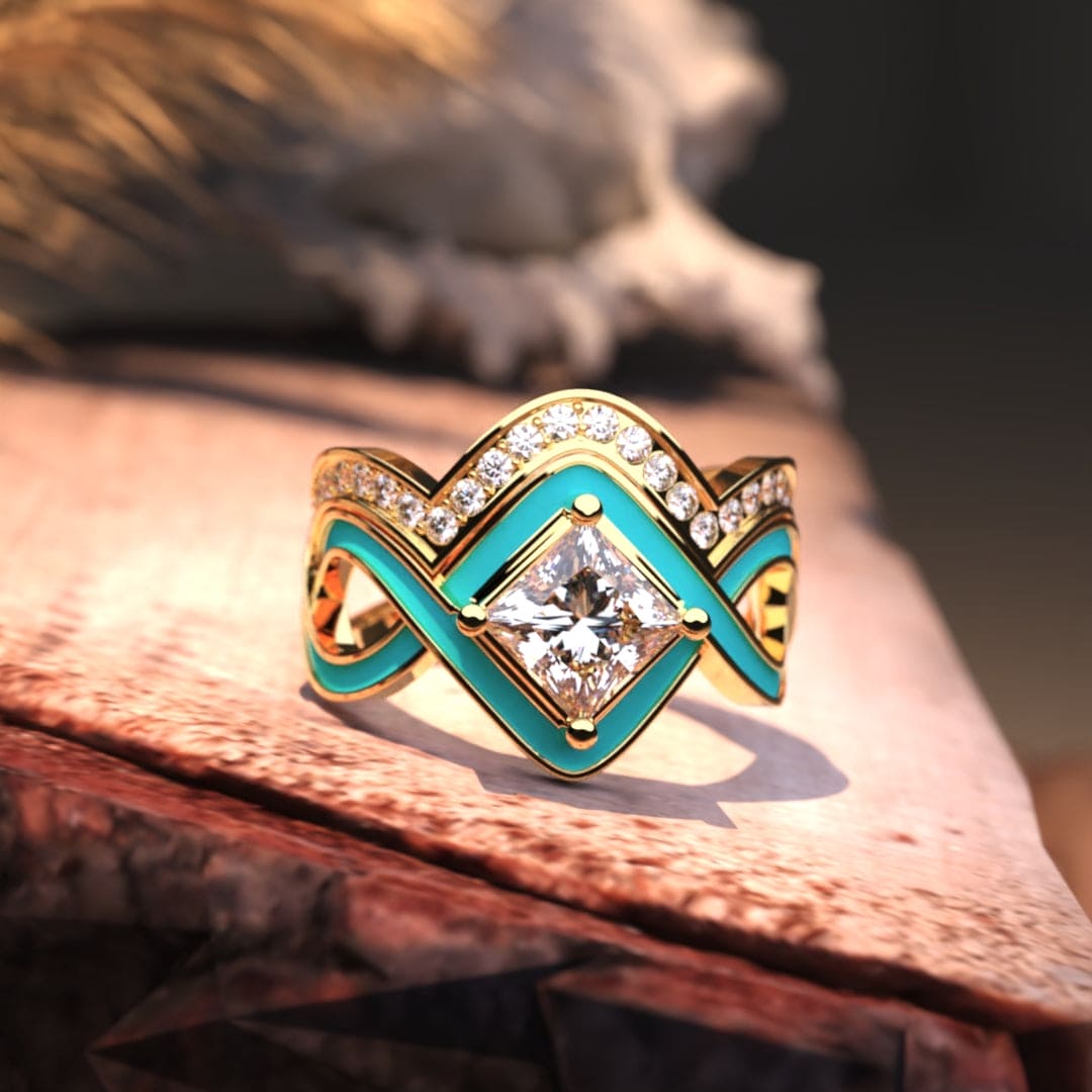 オーシャンウェーブ:ターコイズ 18Kゴールド ヴェルメイユ 2ピース セットリング