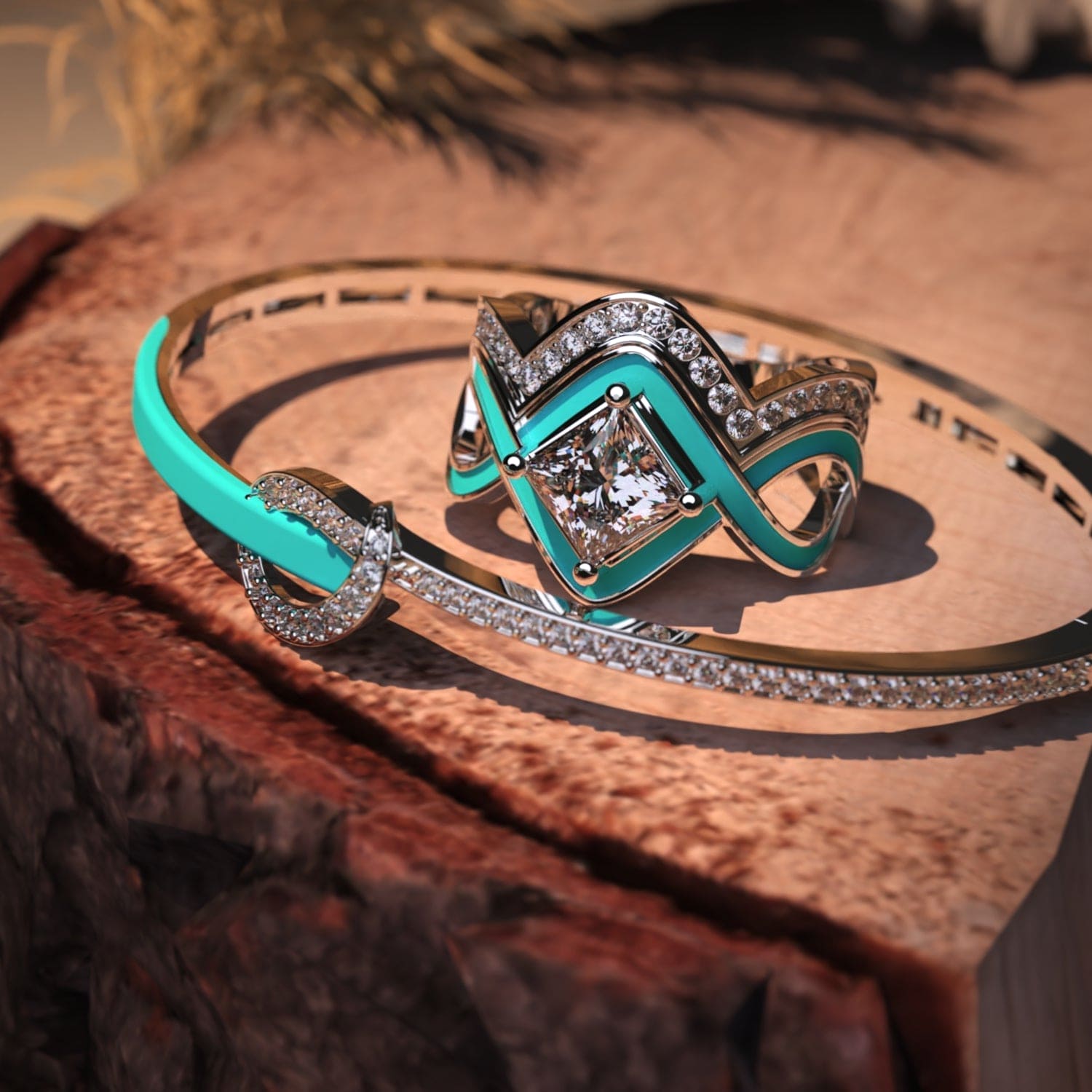 オーシャンウェーブ:2ピースリング + ブレスレット無料 - S925スターリングシルバー