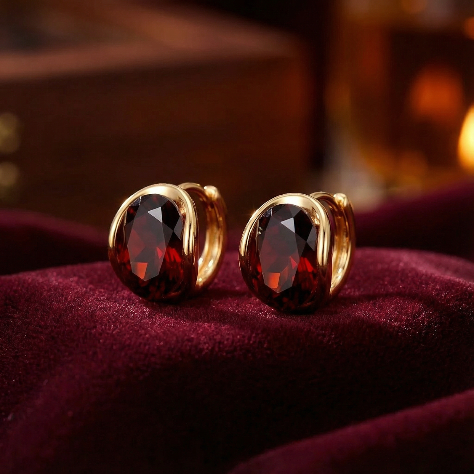 Evelina 18K gold vermeil huggie earrings with round cut simulated garnet stones on red velvet.