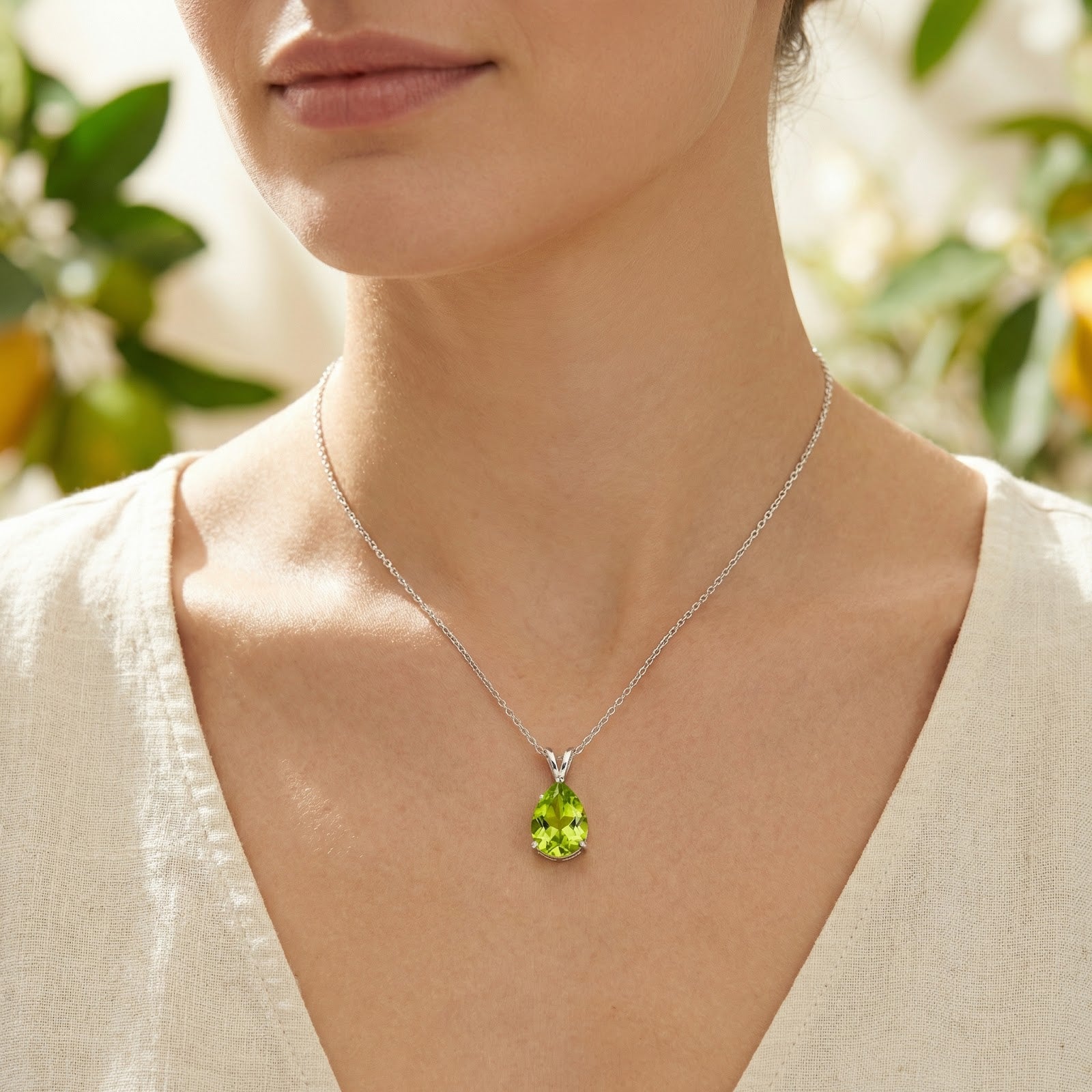 Frontal view of a model wearing the 1.5CT pear-cut green moissanite necklace in sterling silver.
