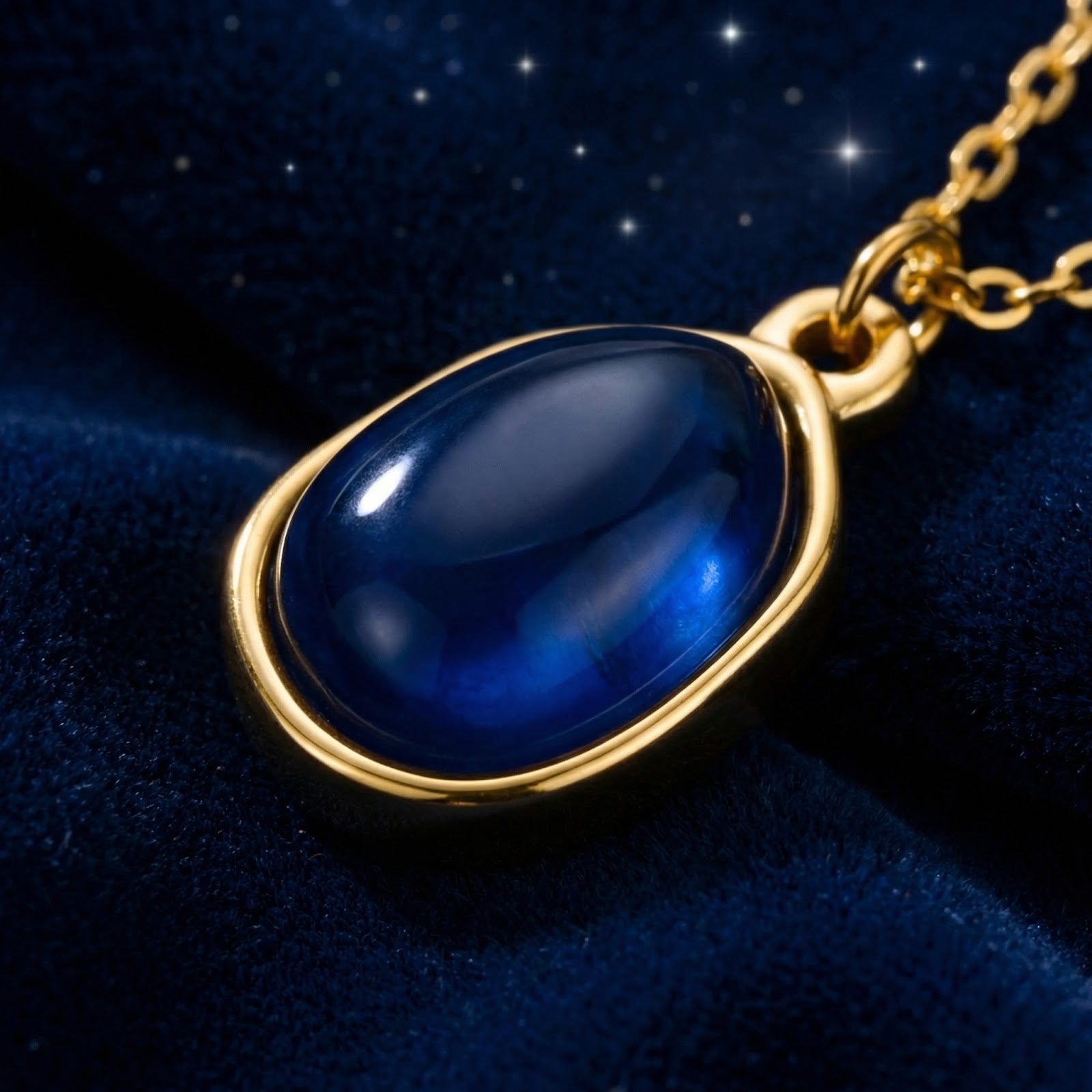 Macro detail of the Mariselle simulated sapphire teardrop pendant in a gold-finished stainless steel setting.