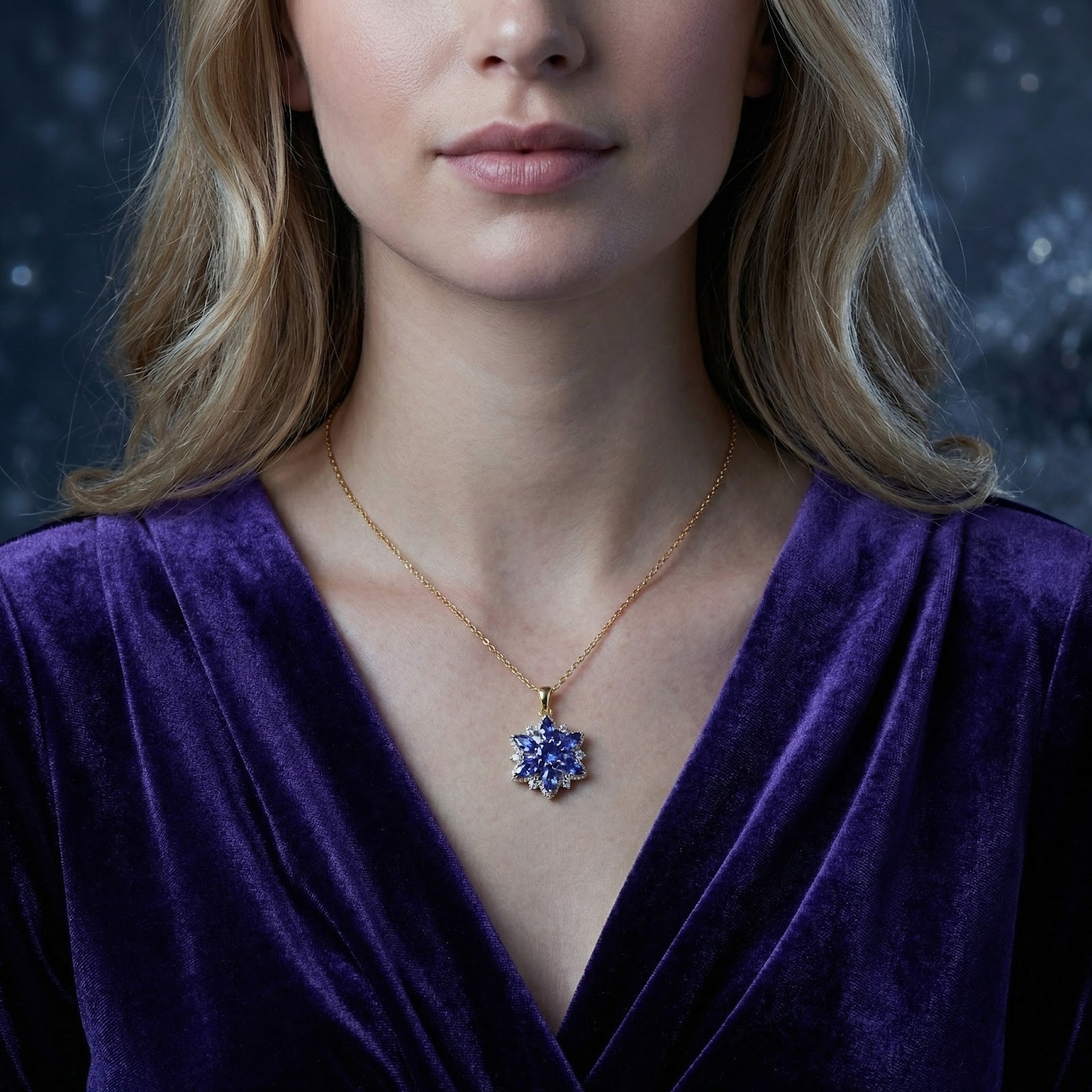 Front view of a woman wearing the gold finish stainless steel necklace with a simulated tanzanite flower pendant.
