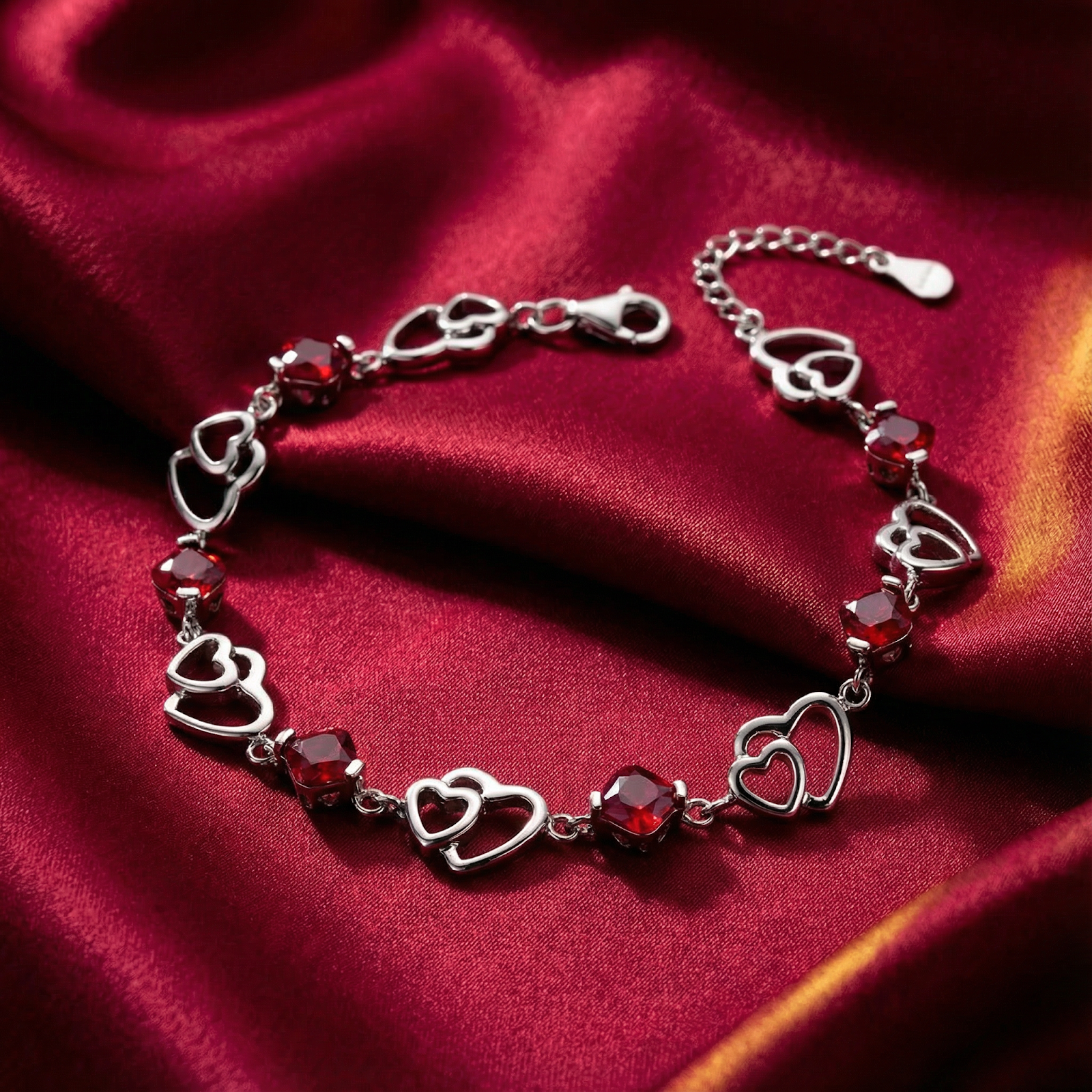 Sterling silver heart bracelet with cushion-cut simulated rubies displayed on red satin fabric.