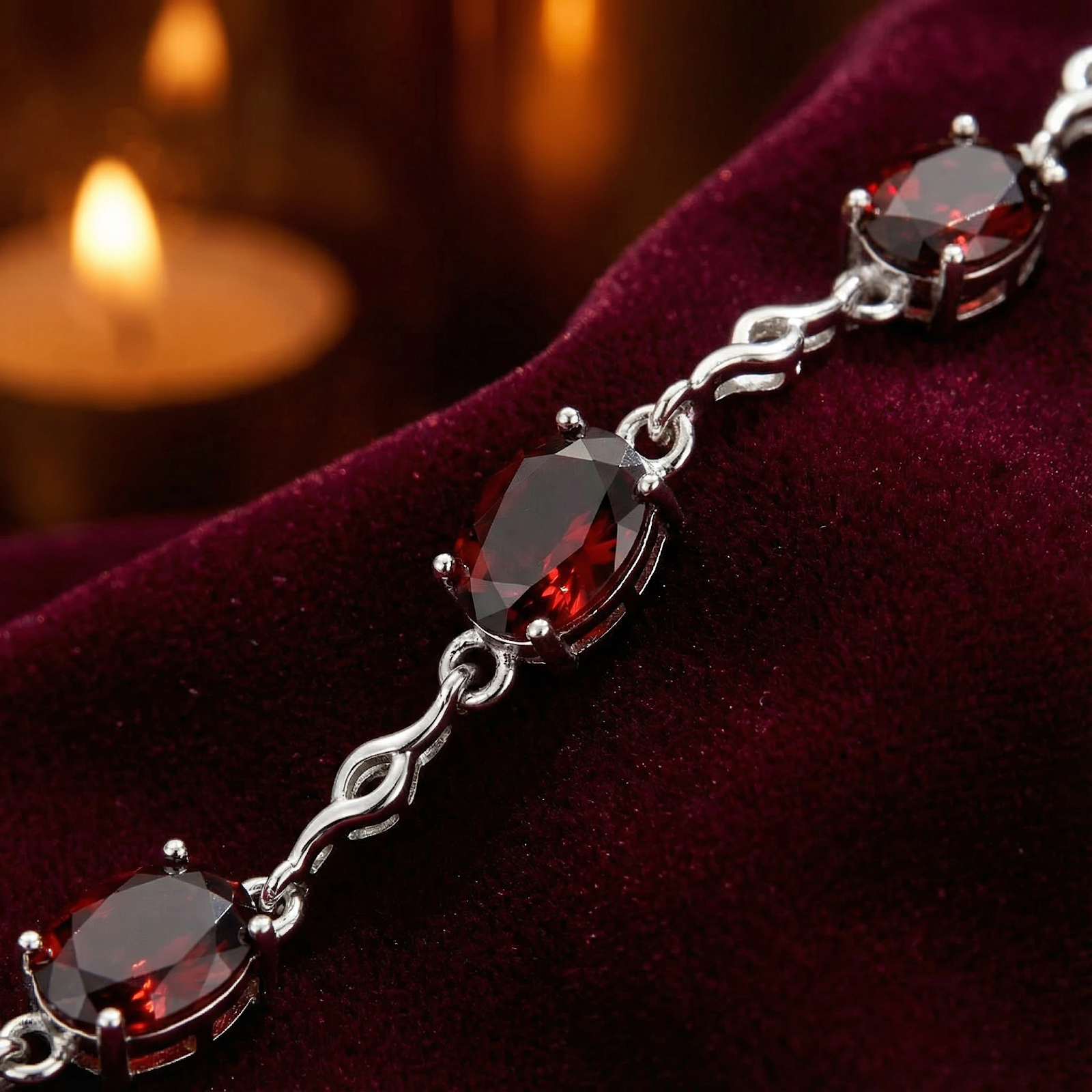 Macro shot of oval-cut red simulated garnets and S925 sterling silver links on the Valora station bracelet.