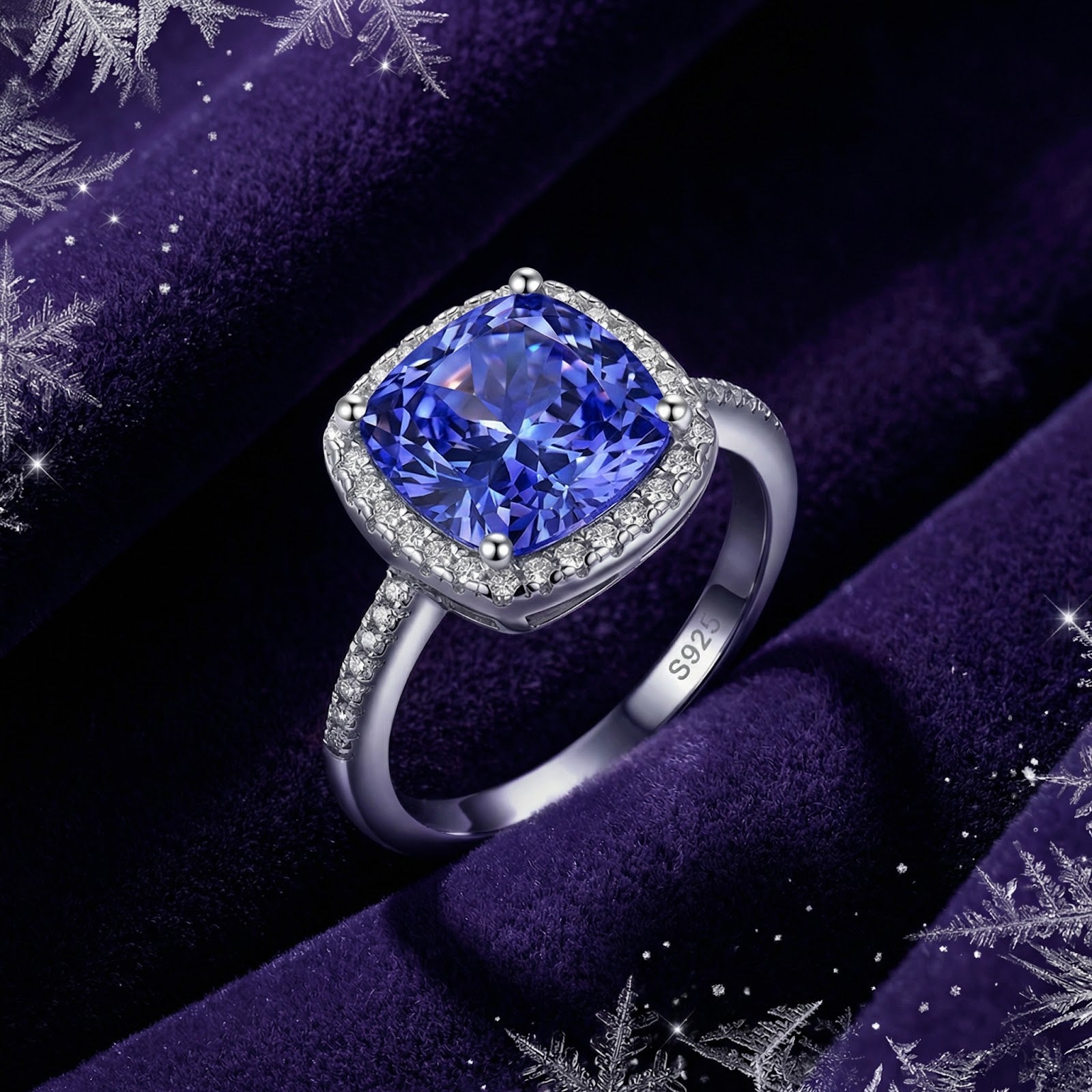 Cushion cut simulated tanzanite ring in S925 sterling silver on a purple velvet background.