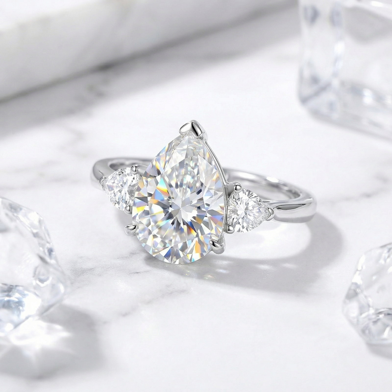 Pear cut simulated diamond trio ring in S925 sterling silver on a white marble surface with crystal accents.