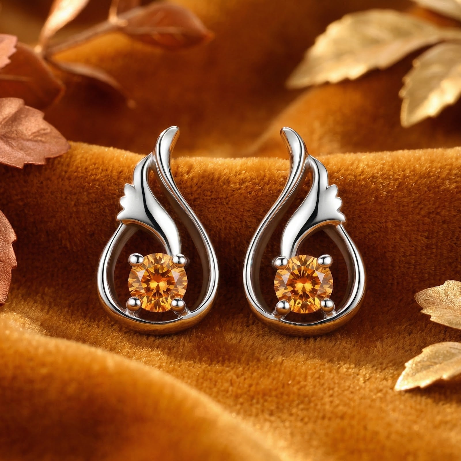 Melisara Bud sterling silver drop earrings with round-cut simulated topaz on a warm velvet background.