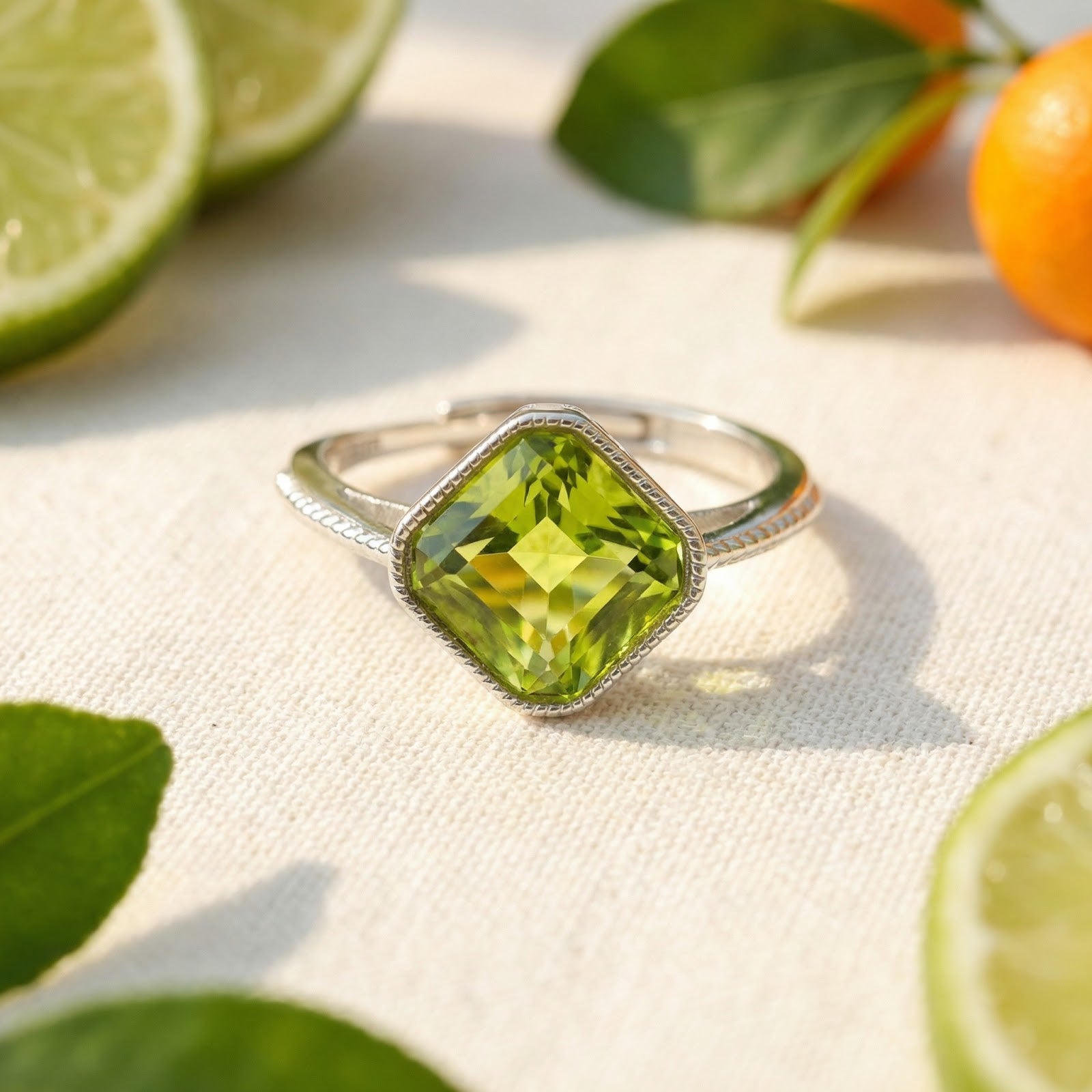 Square-cut simulated peridot ring in sterling silver on a white surface with limes and oranges.