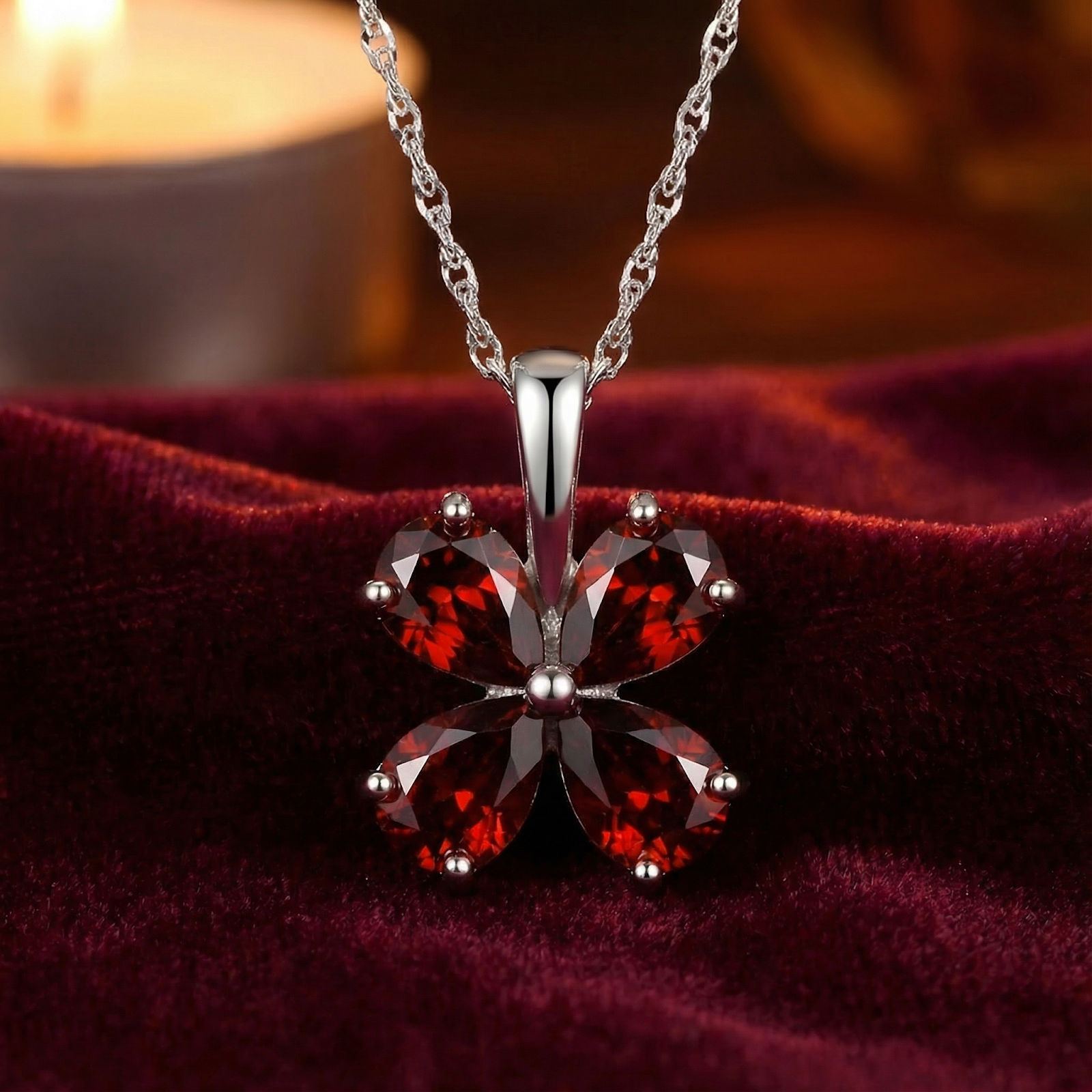 Front view of a sterling silver clover necklace with pear-cut simulated garnets on a red velvet background.