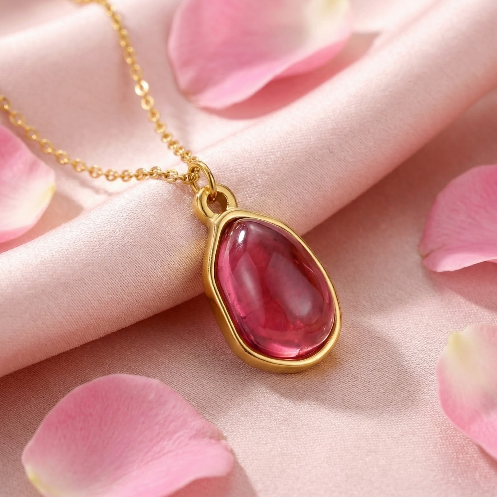Gold-finished stainless steel teardrop necklace with pink tourmaline on pink silk with rose petals.