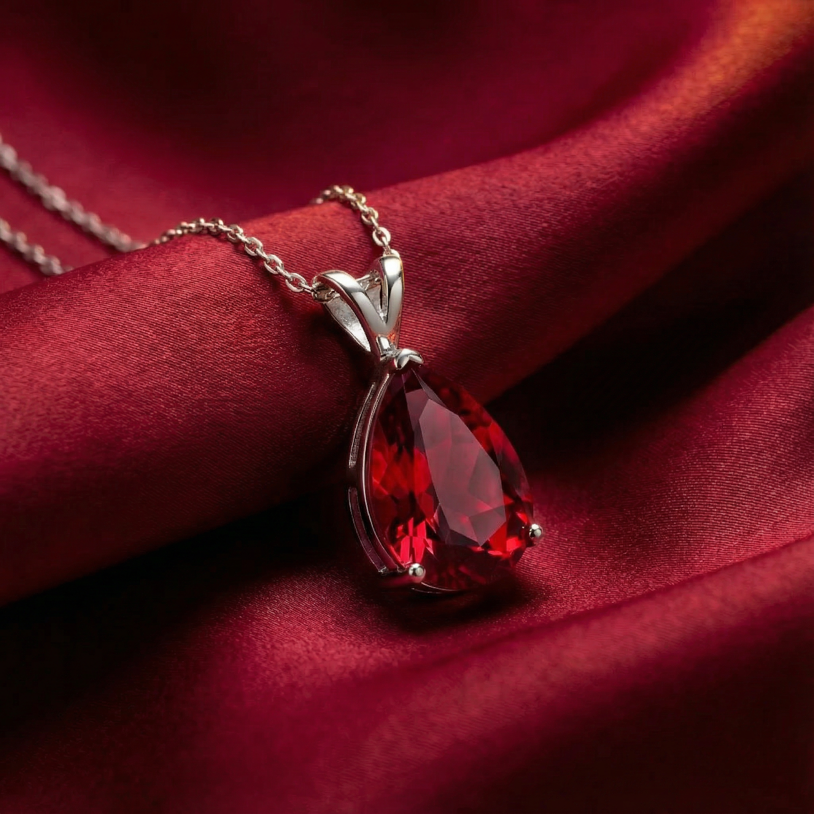 Pear cut red birthstone necklace in sterling silver resting on draped red satin fabric.