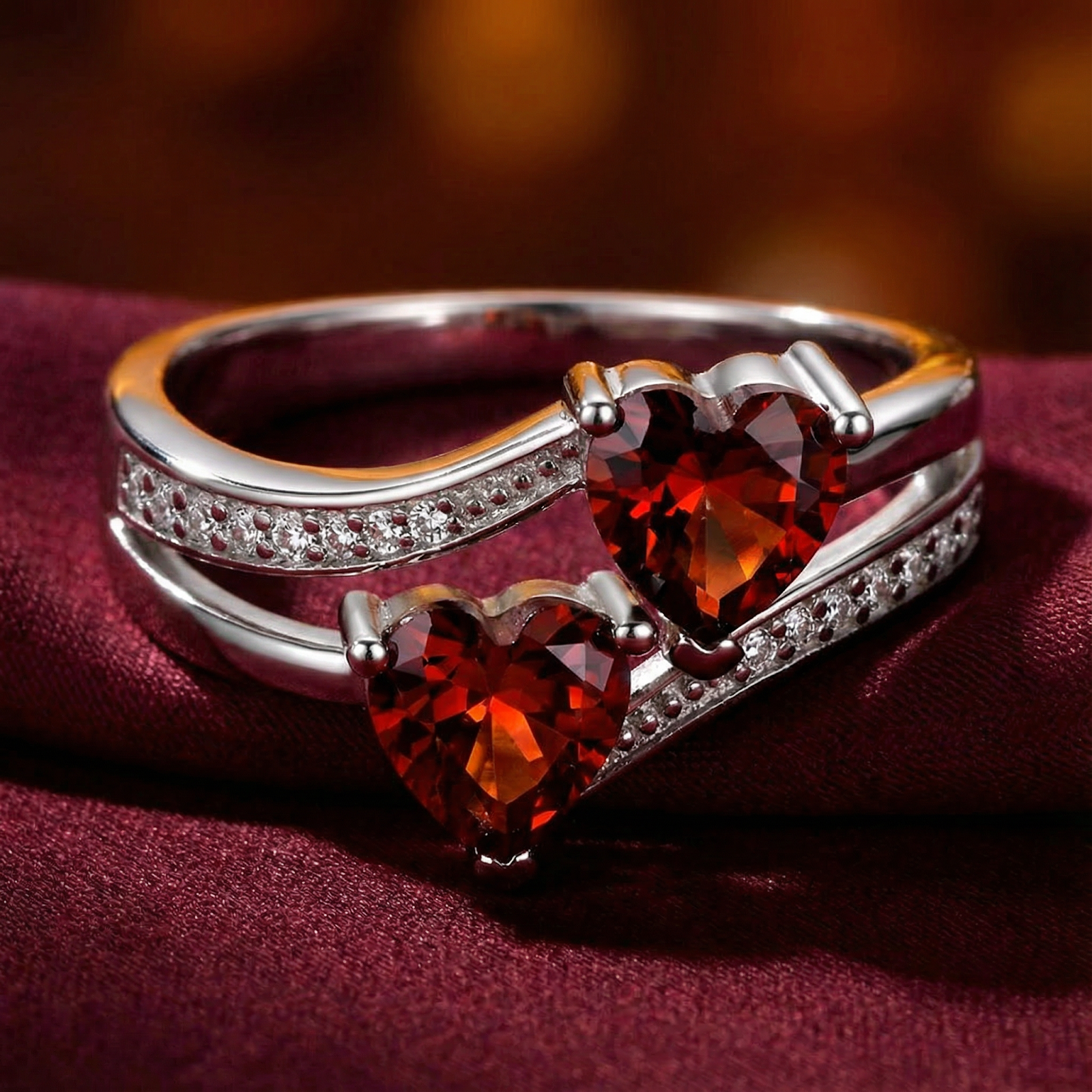Sterling silver bypass ring with two heart cut simulated garnets and pavé accents on a red fabric background.